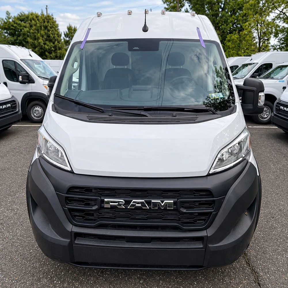 RAM commercial van windshield with fleet vehicles parked alongside
