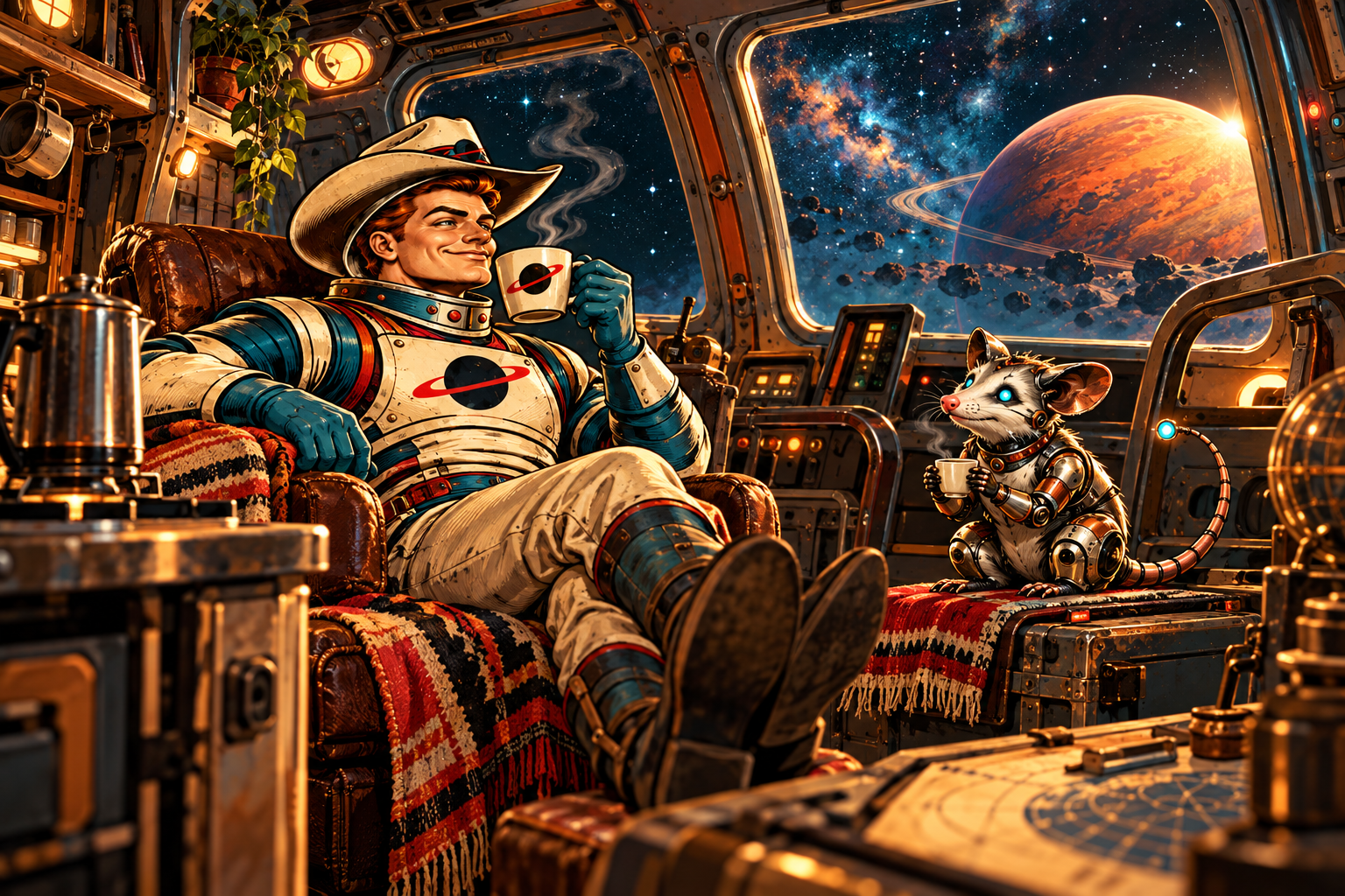 Singularity Sam and his robotic possum companion Pos enjoying coffee aboard the S.S. Grounds for Departure