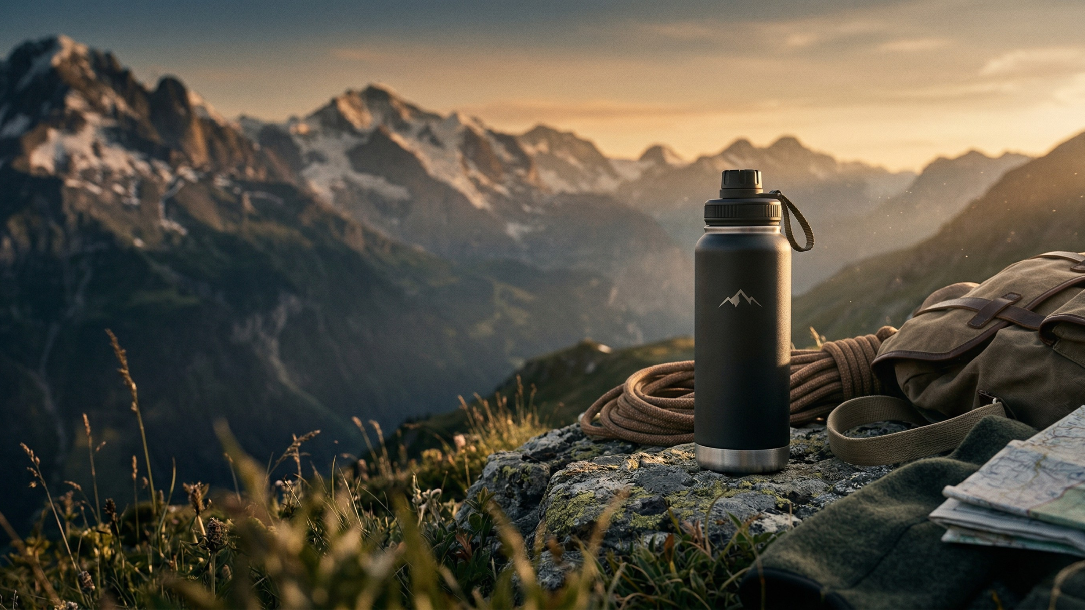 Cinematisches Outdoor-Key-Visual mit Thermosflasche