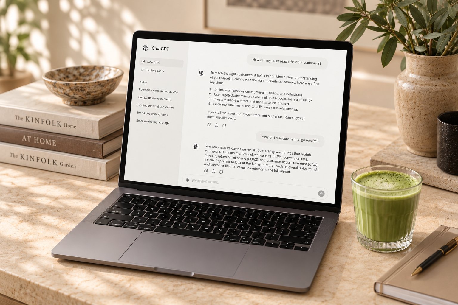 מחשב Mac פתוח על שיחה ב־ChatGPT וכוס מאצ׳ה לצדו, ללא אנשים