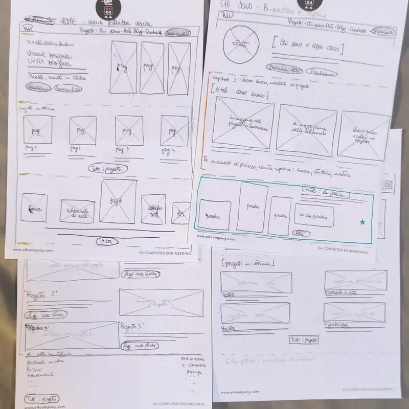 Schizzi a matita del wireframe del sito