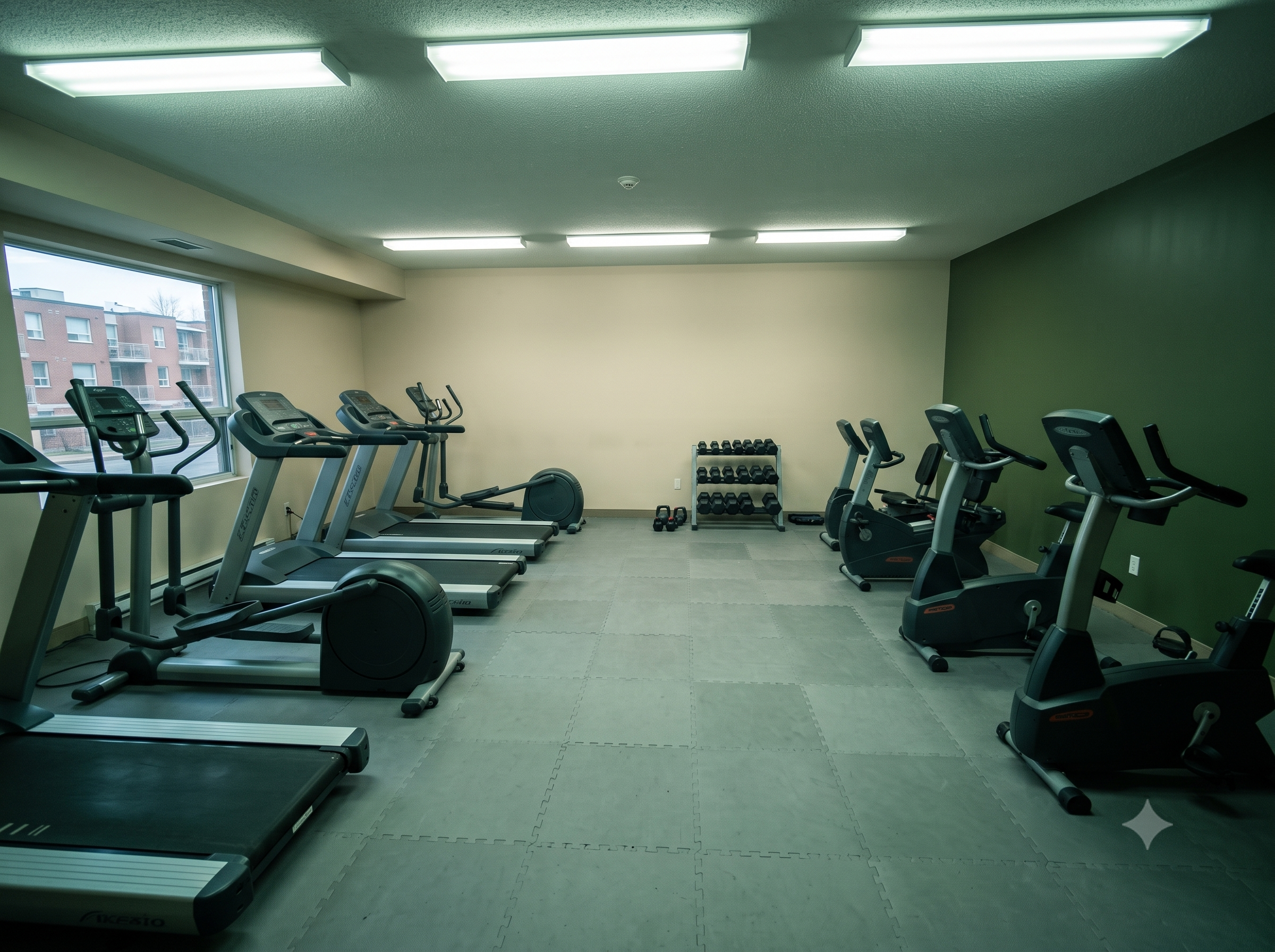 A picture of a dark condo gym