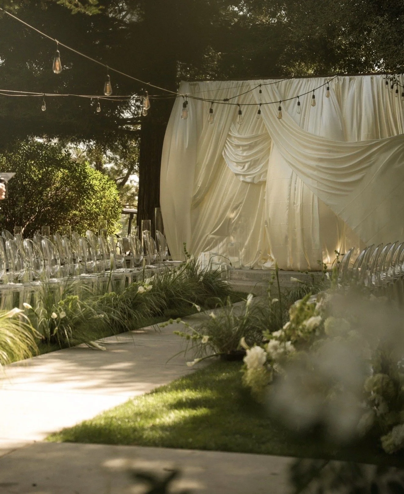 Garden ceremony aisle with sculptural greenery and softly draped fabric