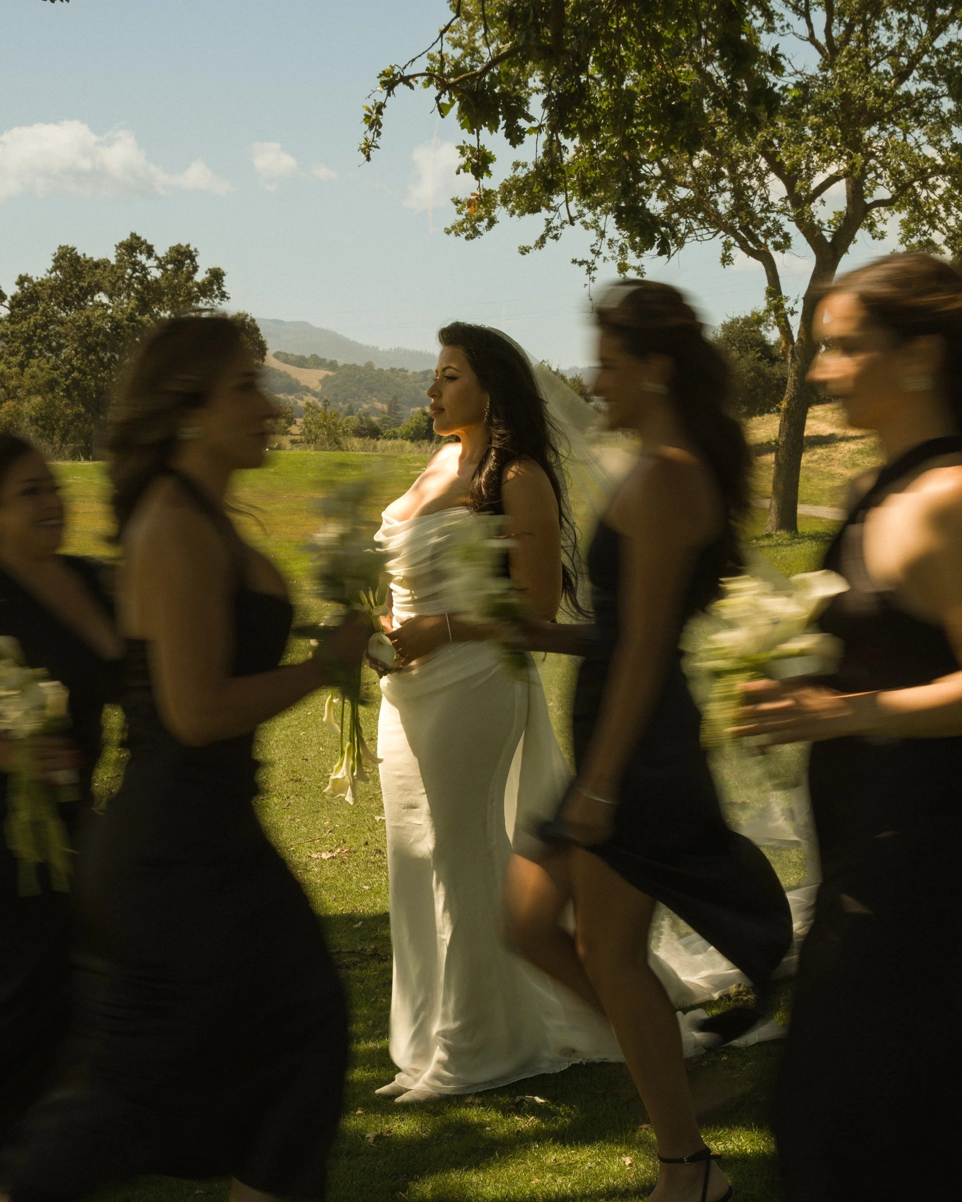 Bride and attendants beside the garden