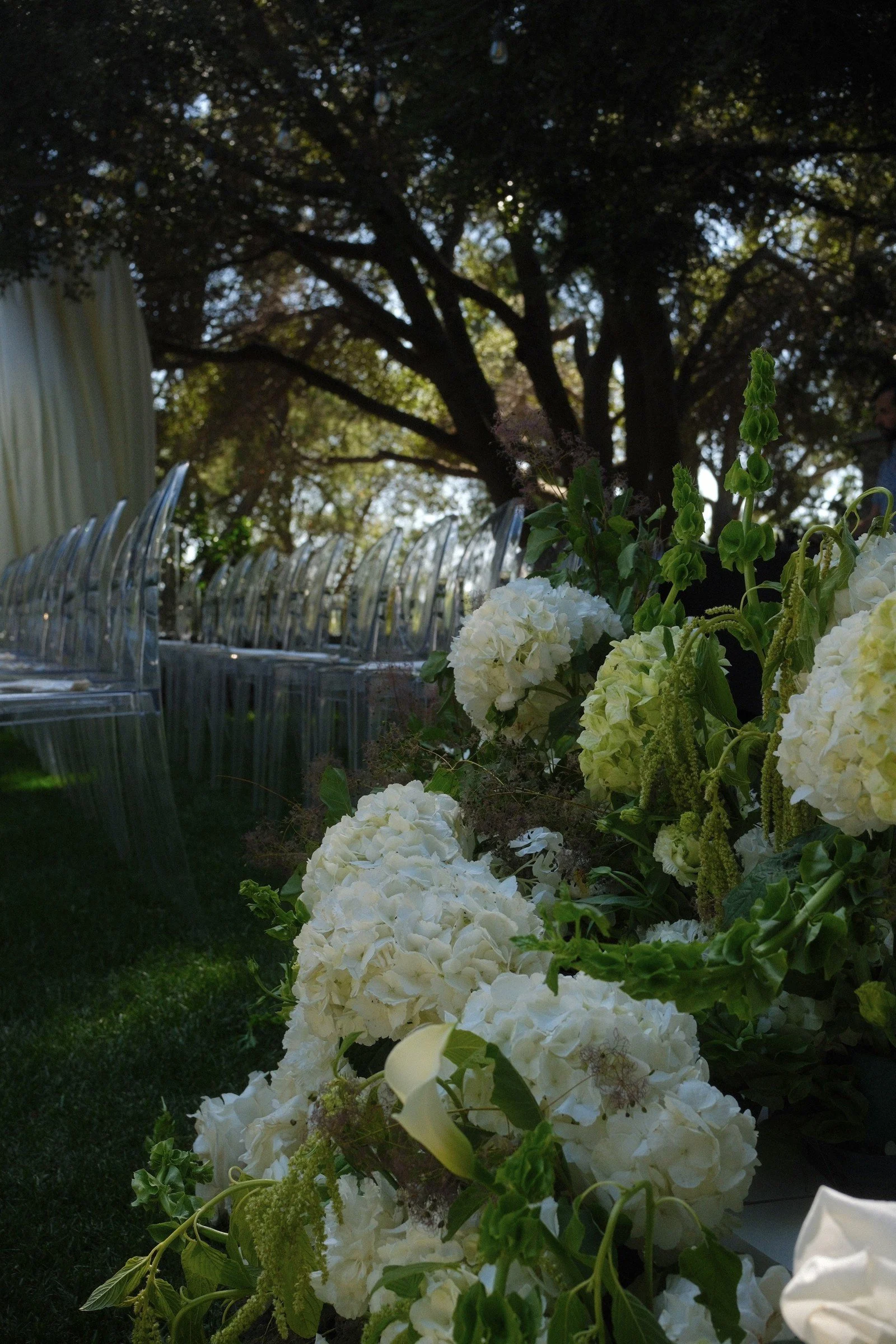 White flowers lining a garden ceremony aisle
