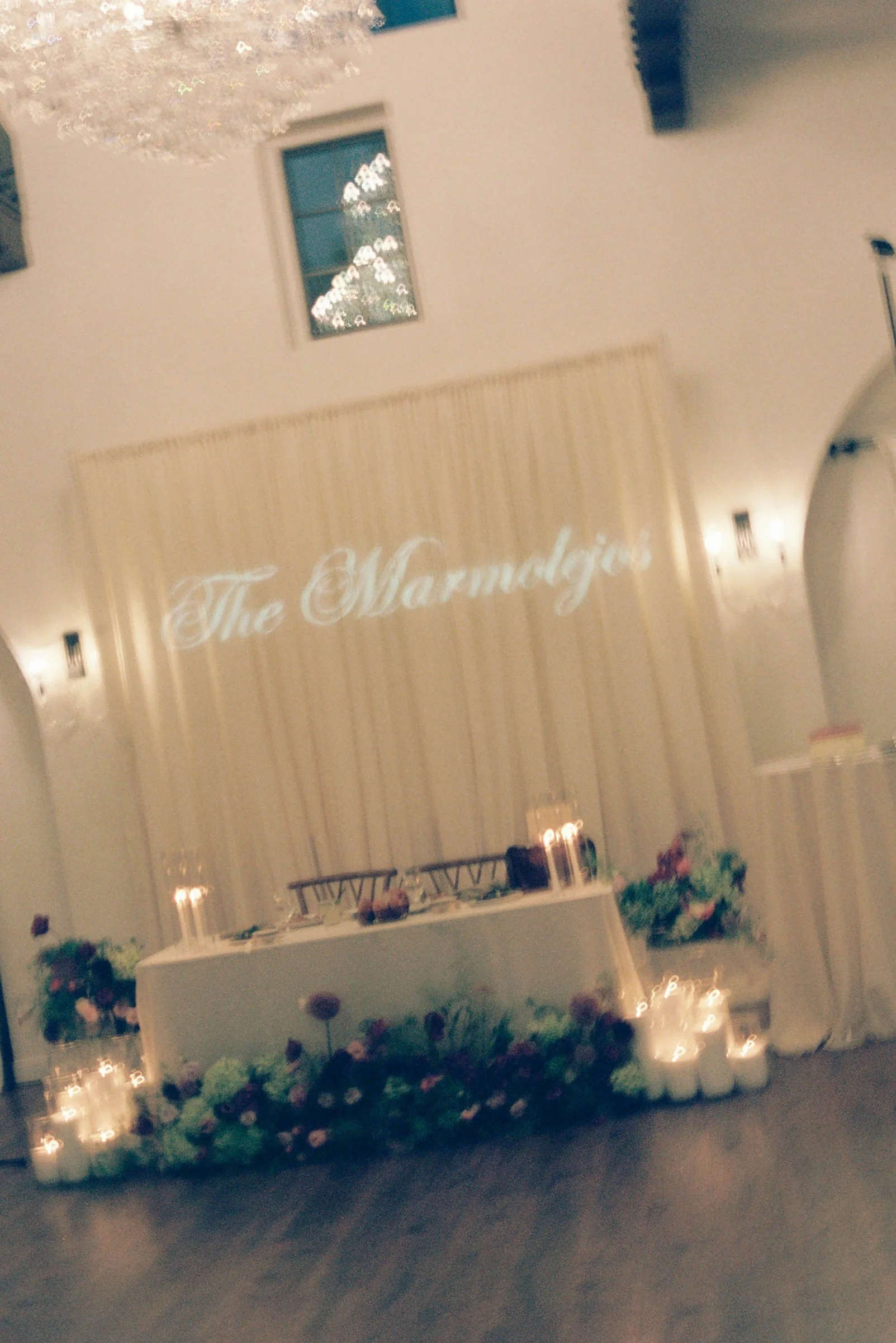 Wedding reception display with candles and flowers