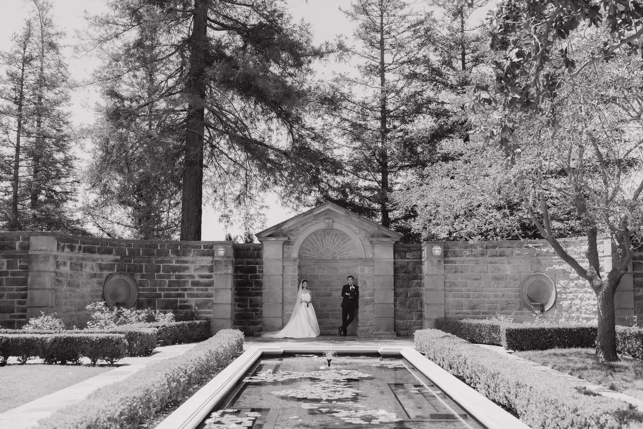 Formal garden and reflecting pool at Greystone Mansion