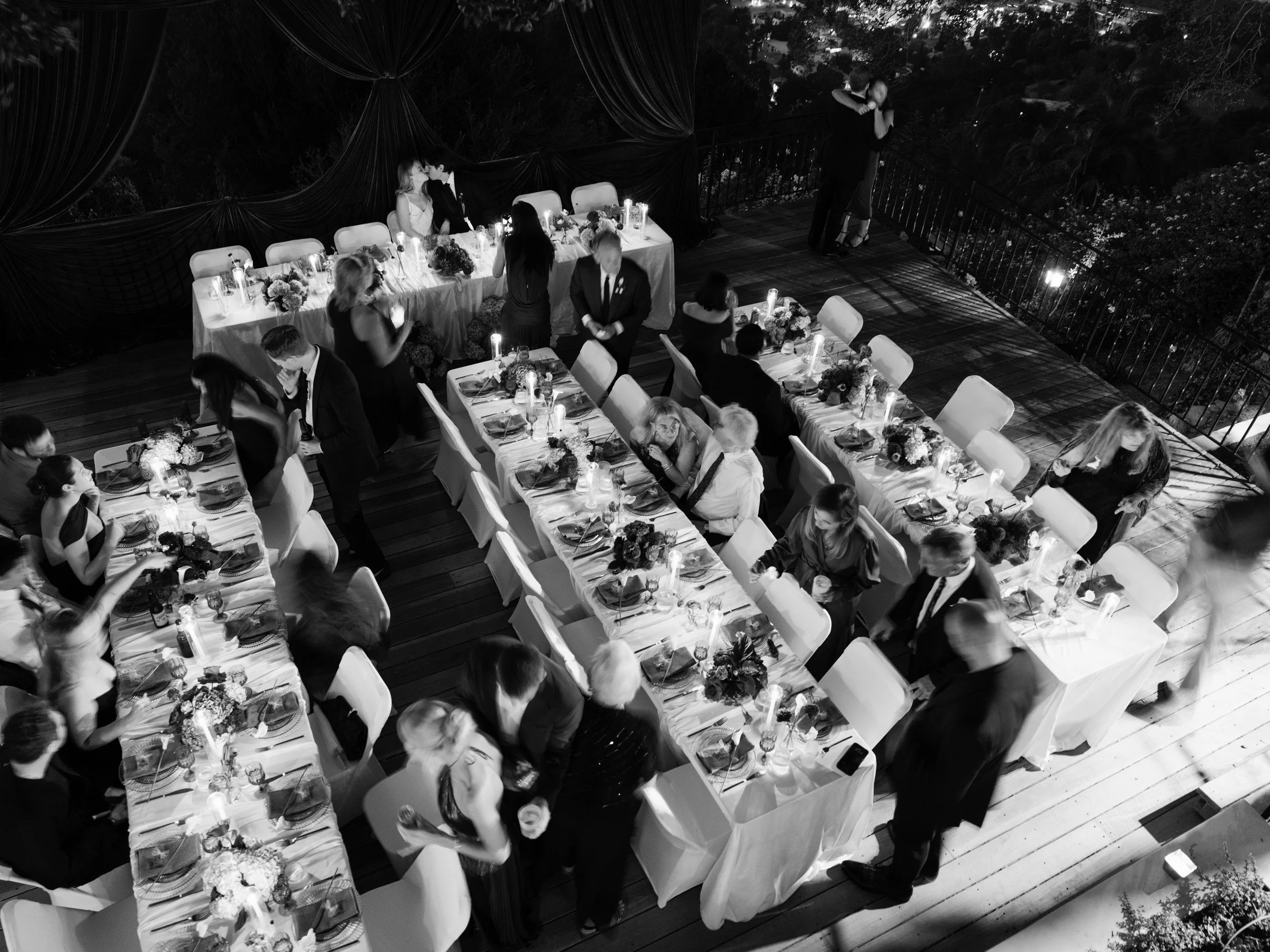 Overhead view of a candlelit wedding dinner