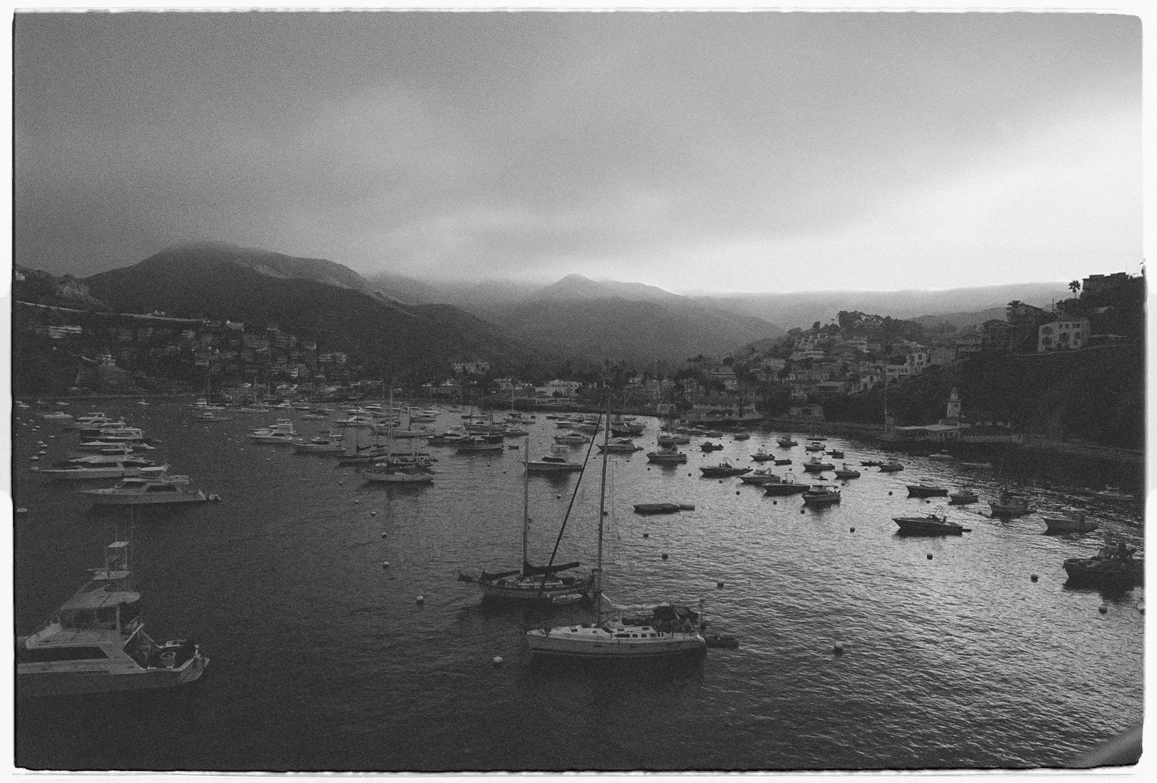 Black-and-white view of Catalina harbor