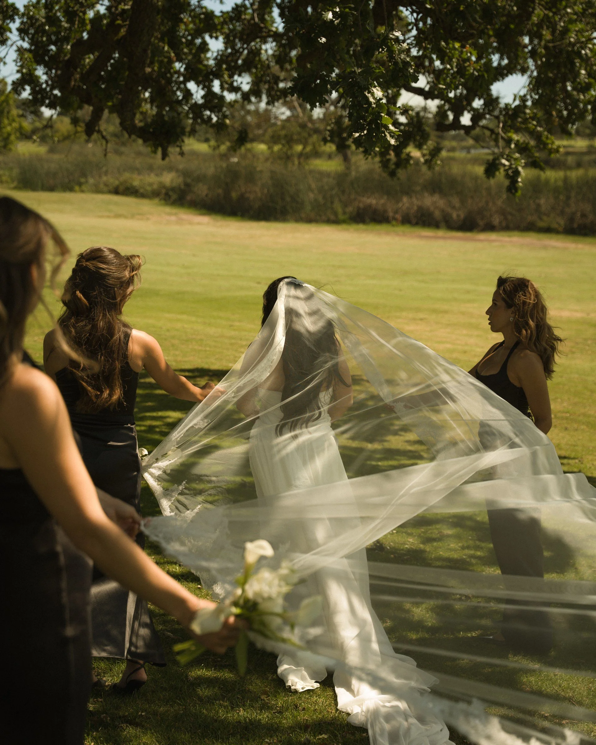 Bridal party arranging a long veil outdoors