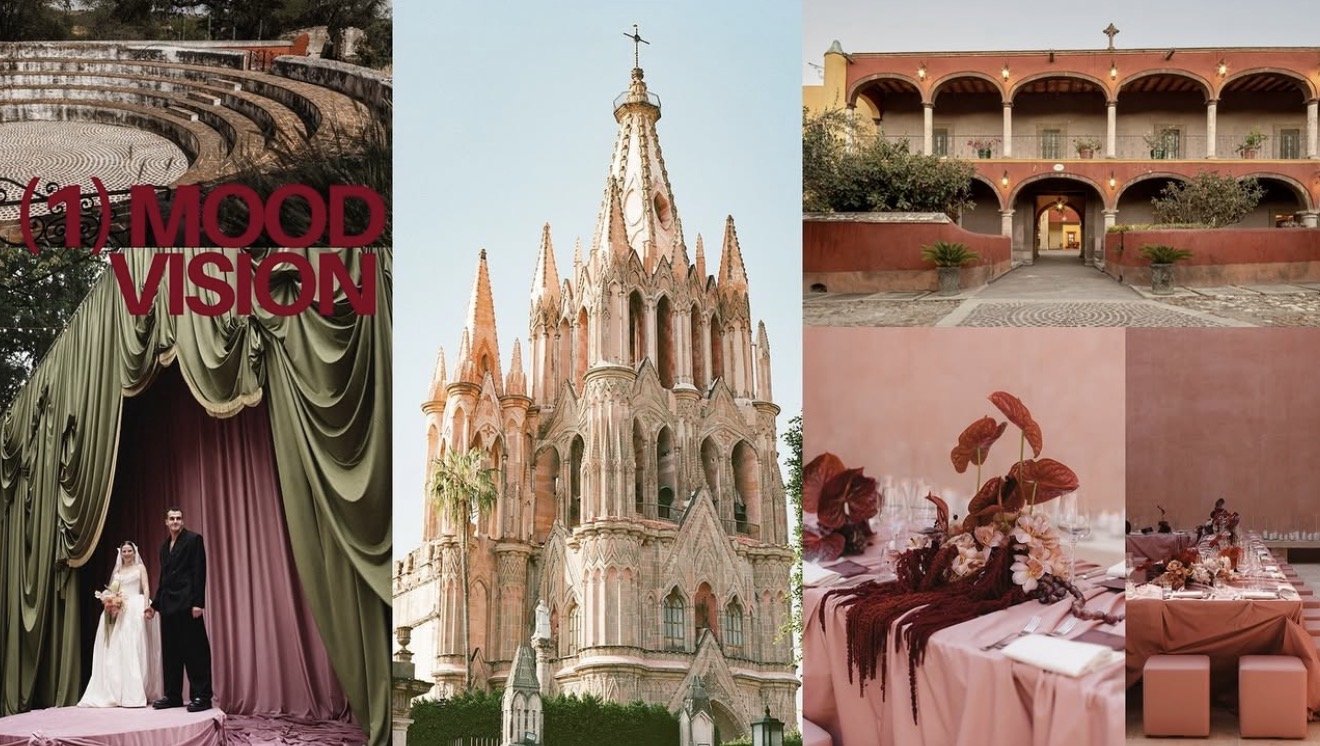 Wedding creative direction moodboard with architecture, draping and florals