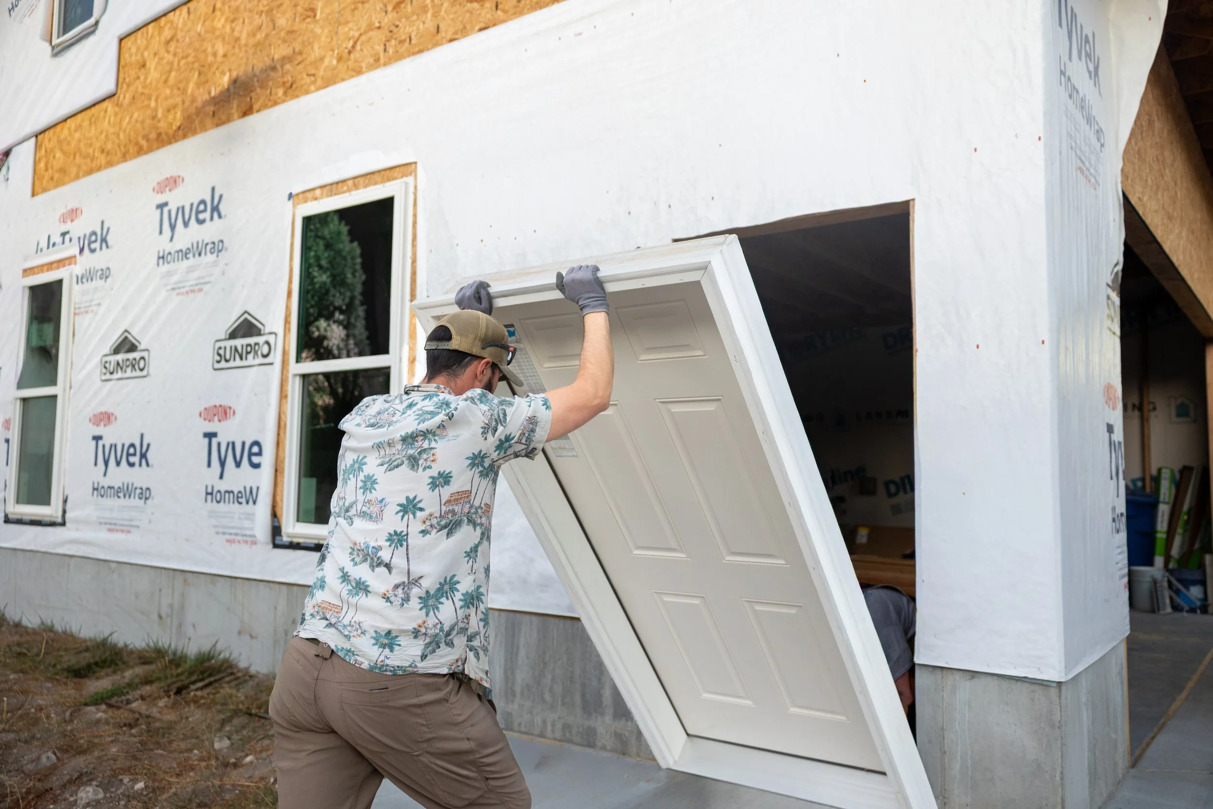 Custom door installation with wood trim
