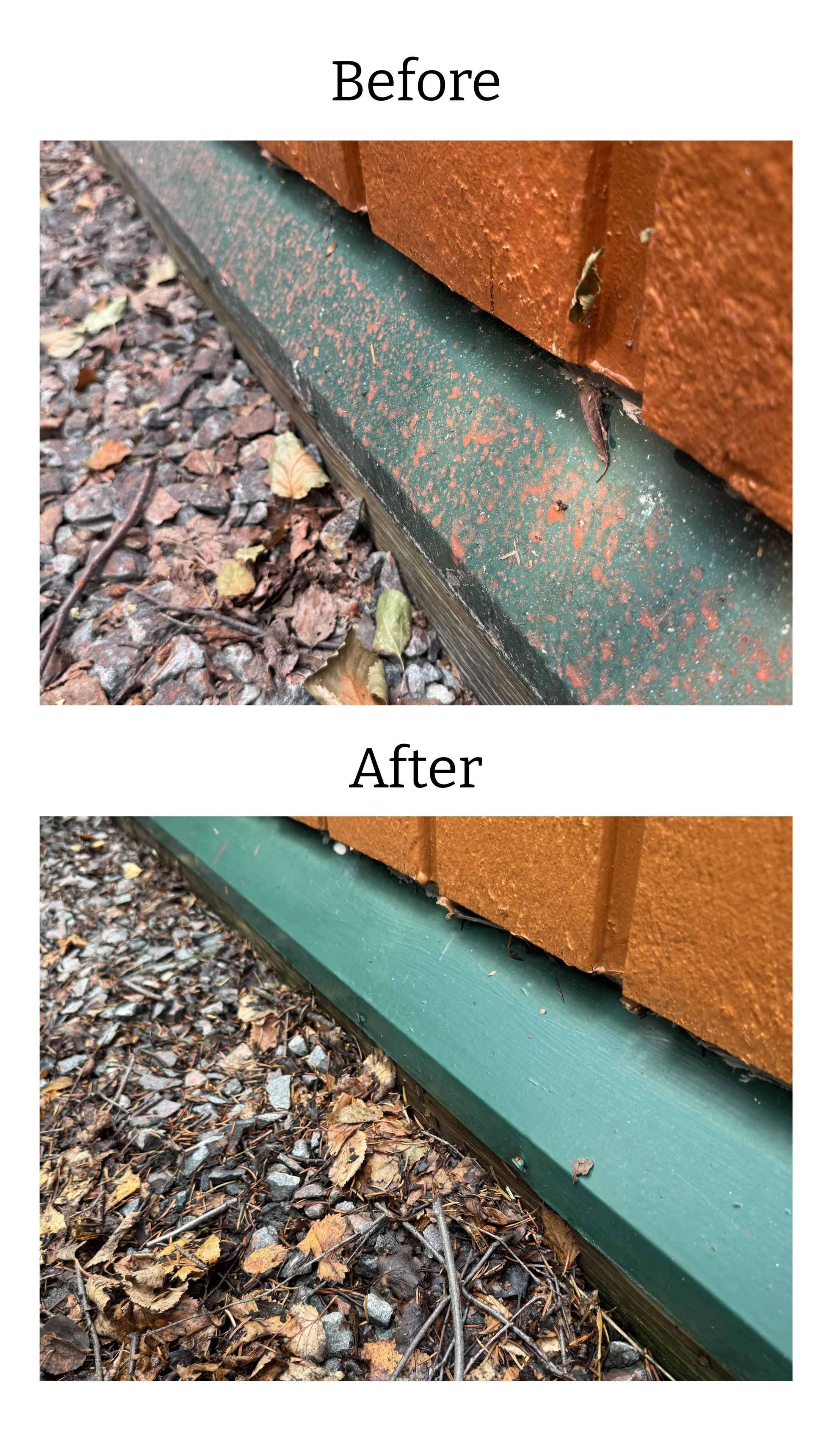 Before and after fire retardant cleaning on green painted lower trim beneath exterior wood siding
