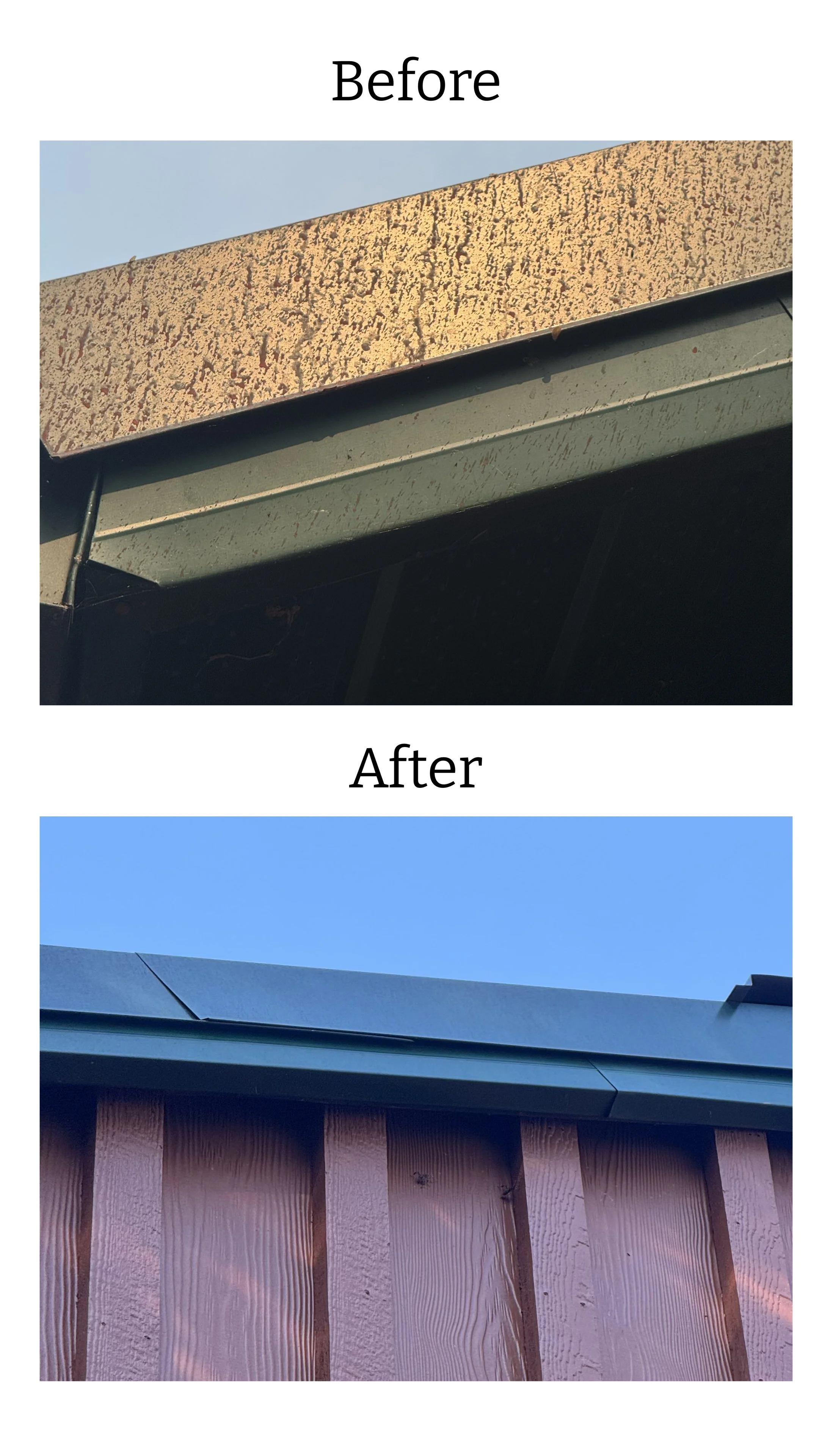 Before and after wildfire retardant removal from green painted fascia beside wood siding