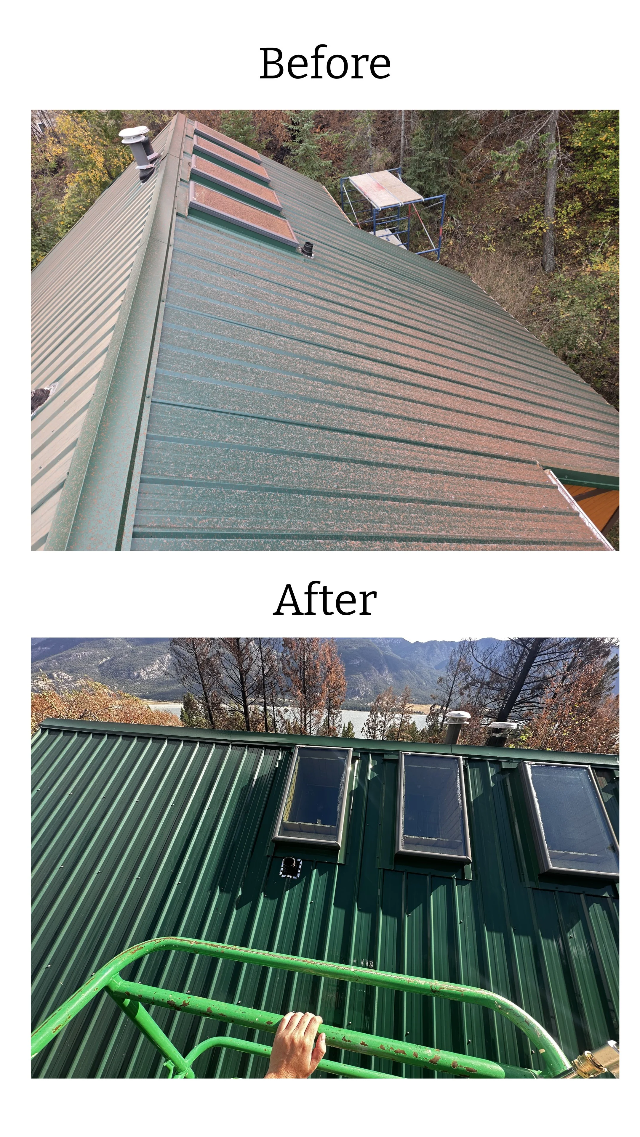 Before and after cleaning of red aerial wildfire retardant from a green metal roof in the Columbia Valley