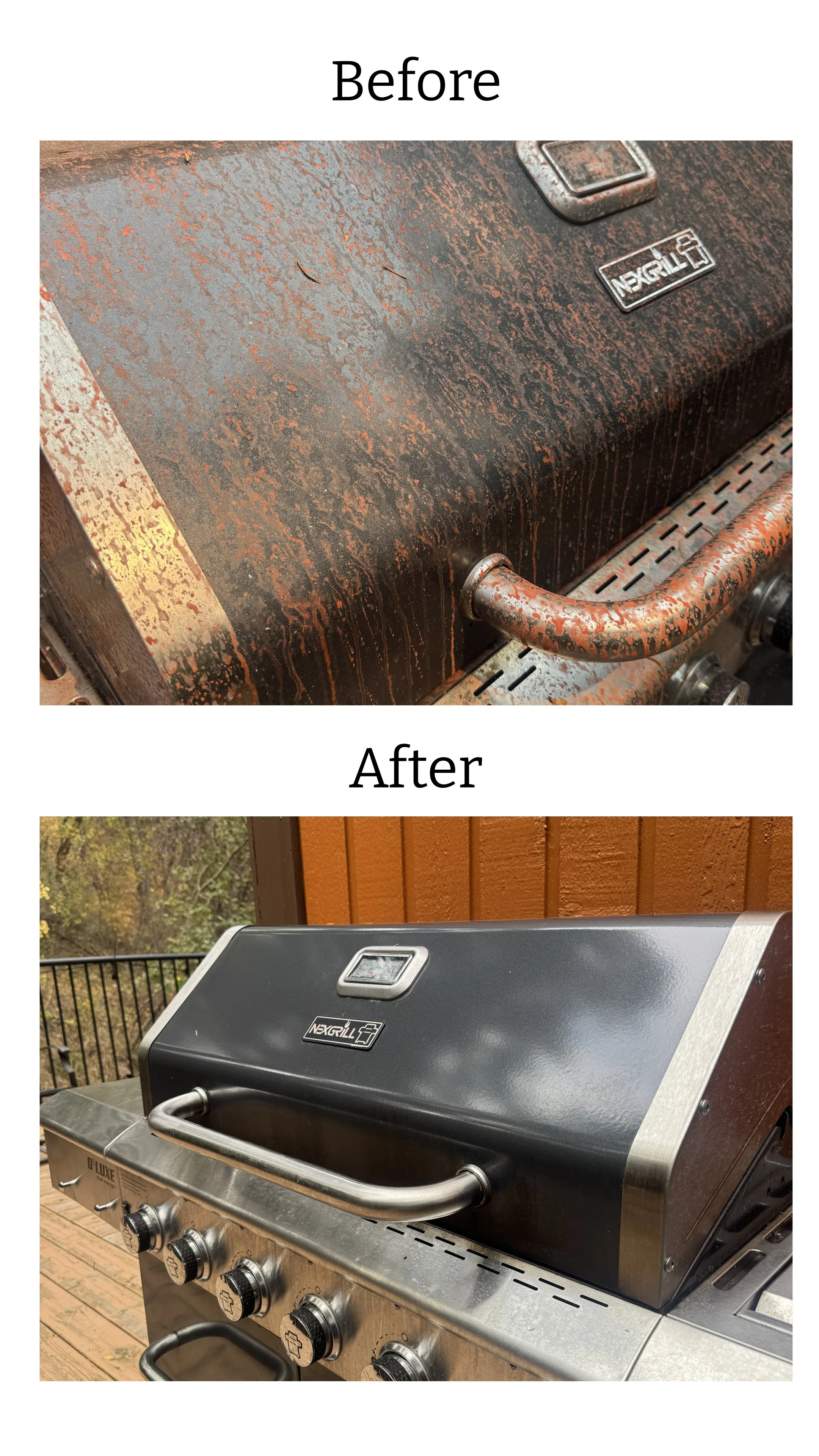 Before and after wildfire retardant removal from an outdoor barbecue at a Columbia Valley home