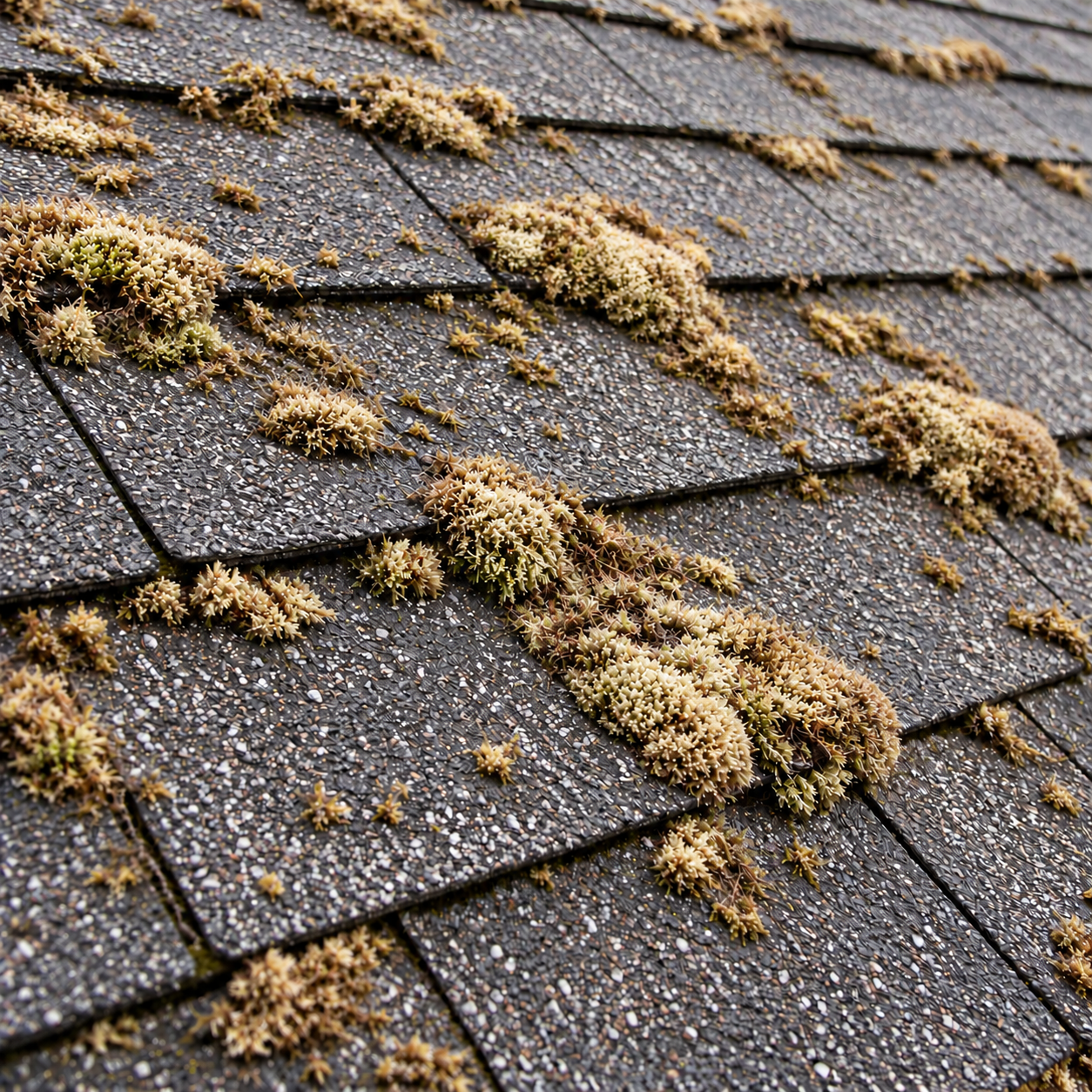 Roof moss changing from green to pale brown as visible die-off begins after treatment