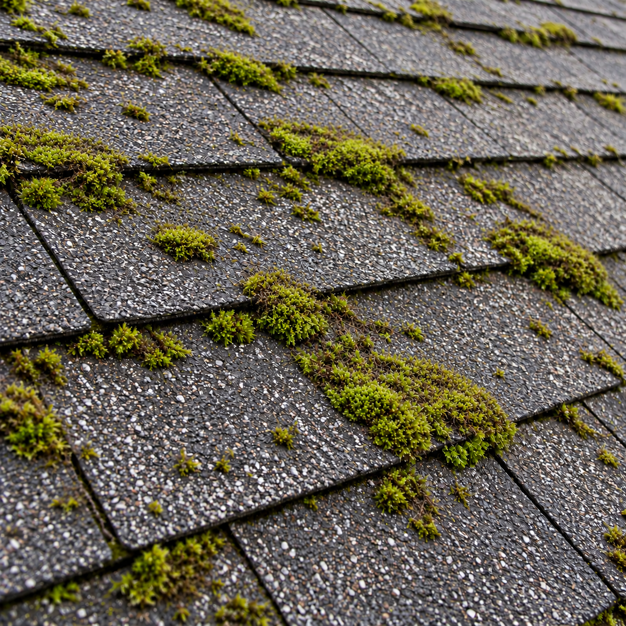 Asphalt roof shingles prepared for moss treatment after loose organic material is carefully reduced