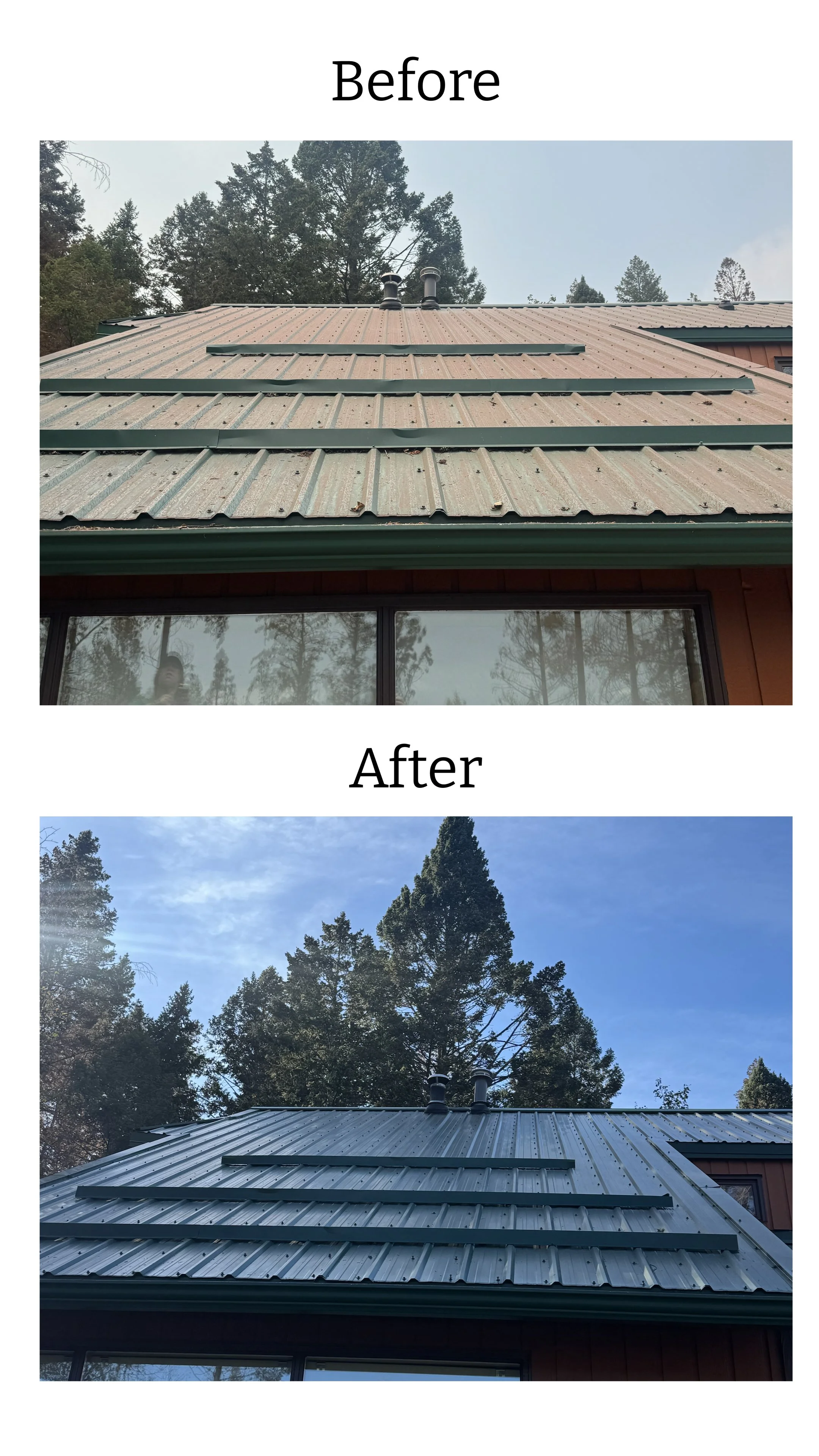 Before and after wildfire retardant removal from the painted edge of a high-access metal roof