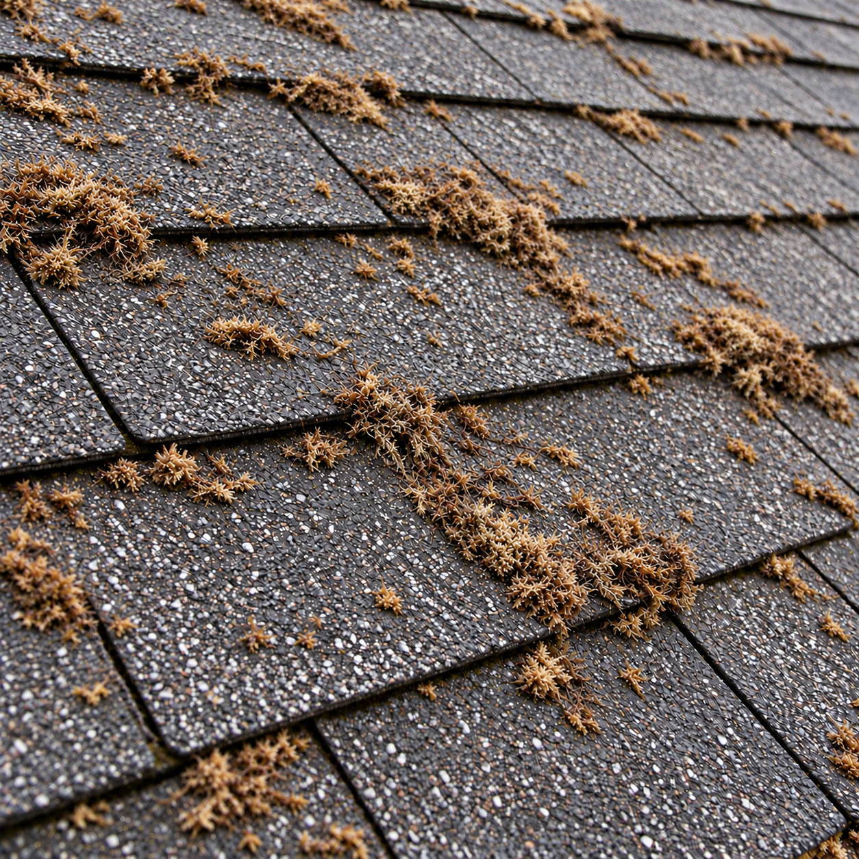 Asphalt-shingle roof after treated moss has died and naturally released from the surface
