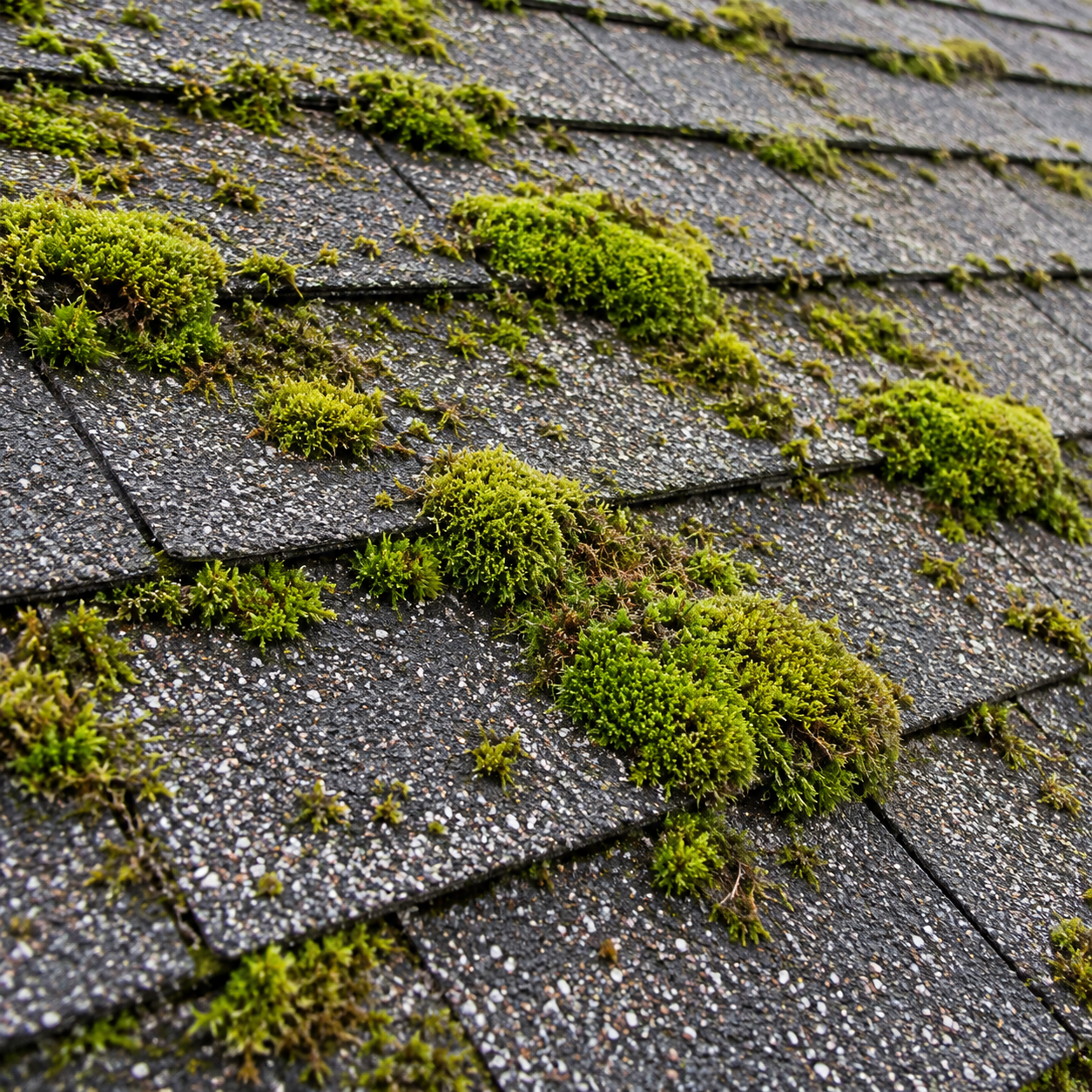 Active green moss established along the edges of asphalt roof shingles before treatment