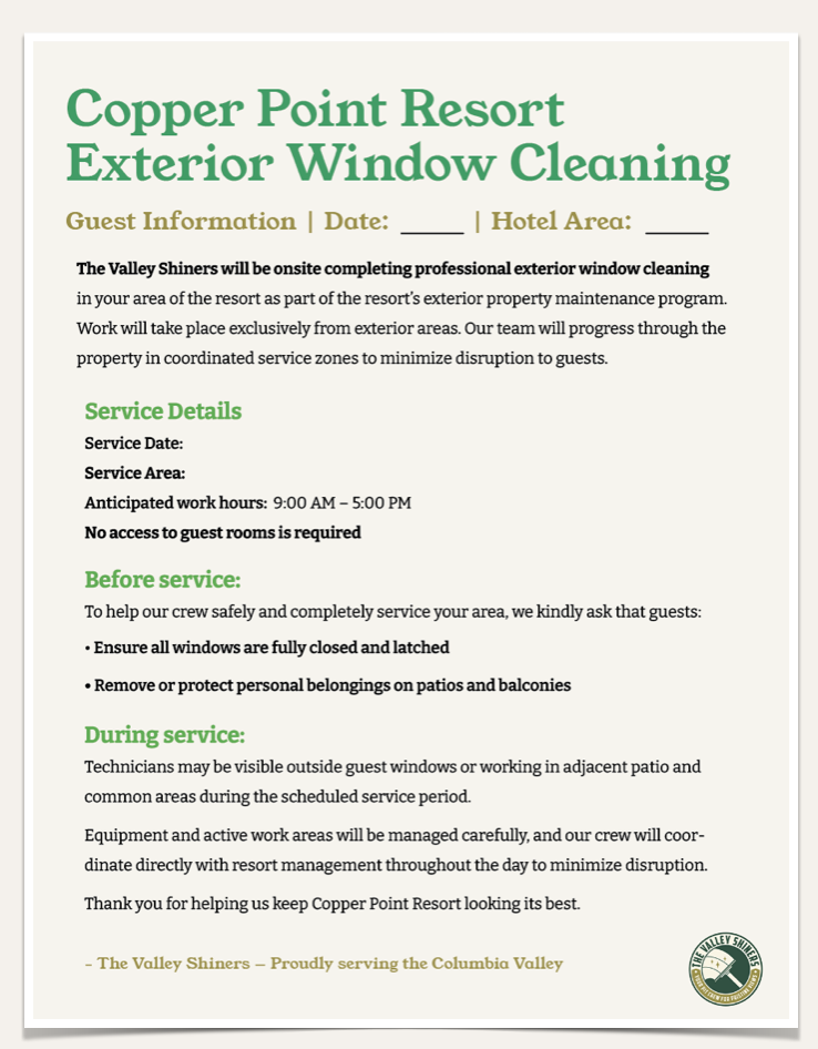 Guest communication notice created for exterior window cleaning at Copper Point Resort