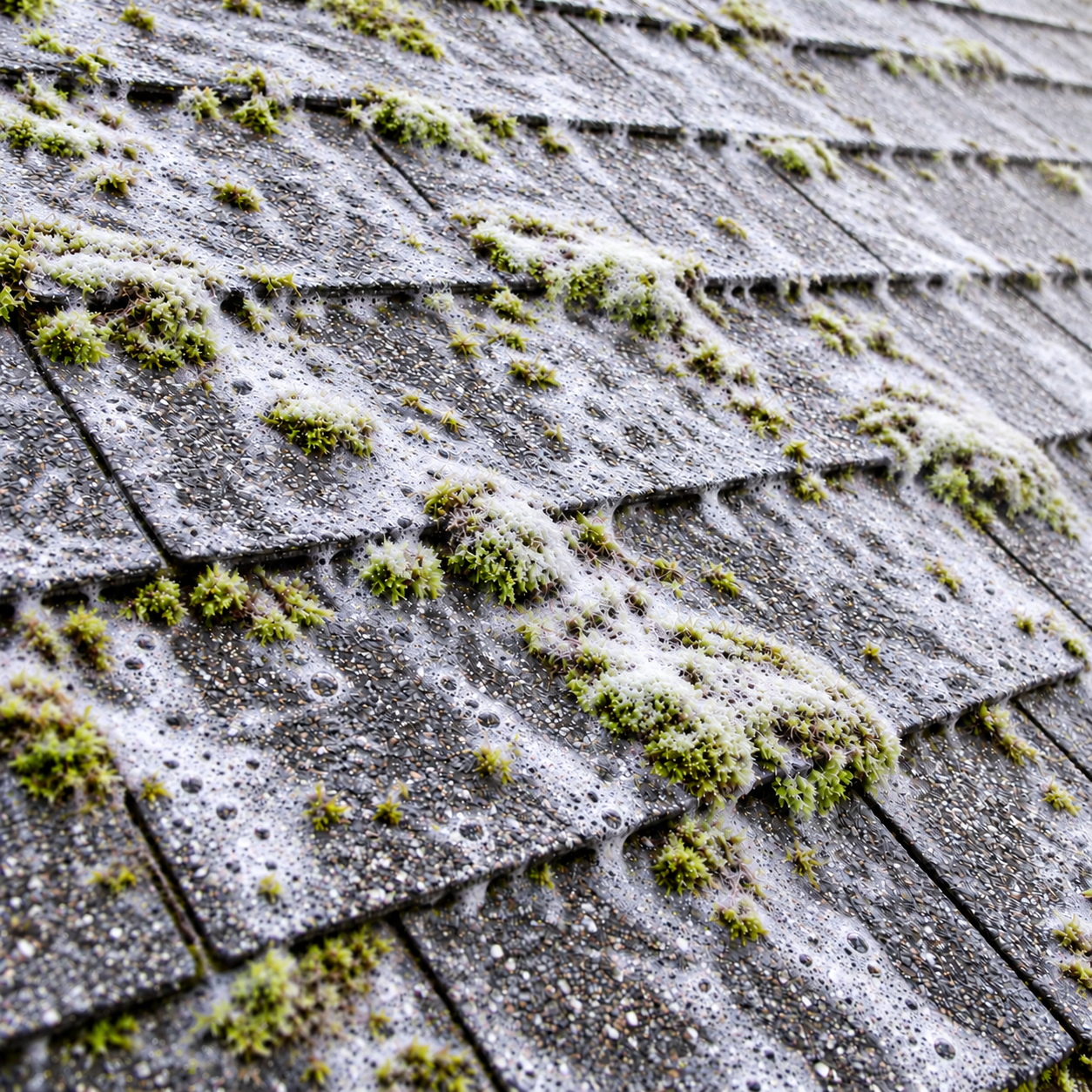 Low-pressure roof moss treatment visibly covering established moss on asphalt shingles