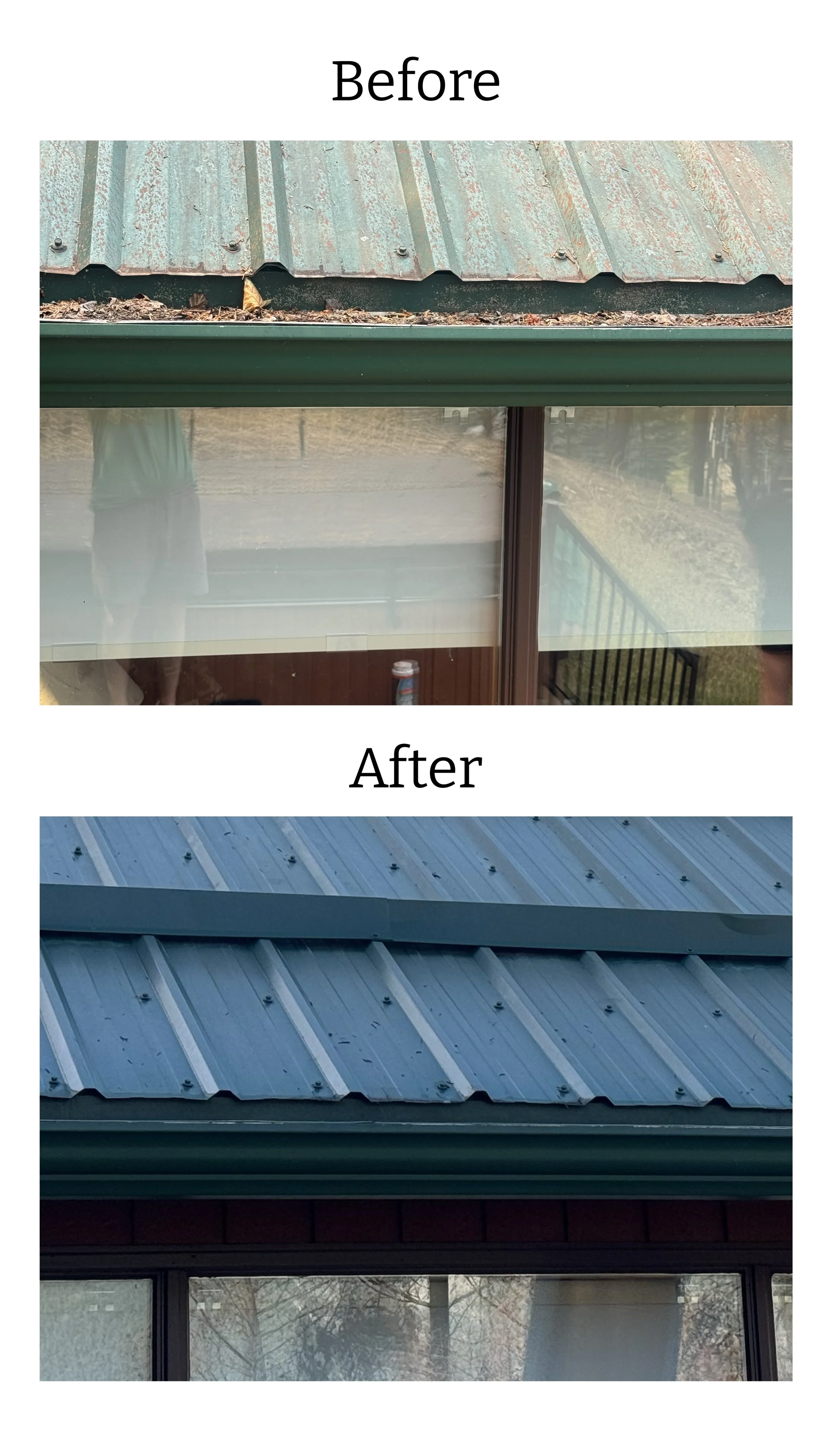 Before and after wildfire retardant removal from an exterior window at a Columbia Valley home
