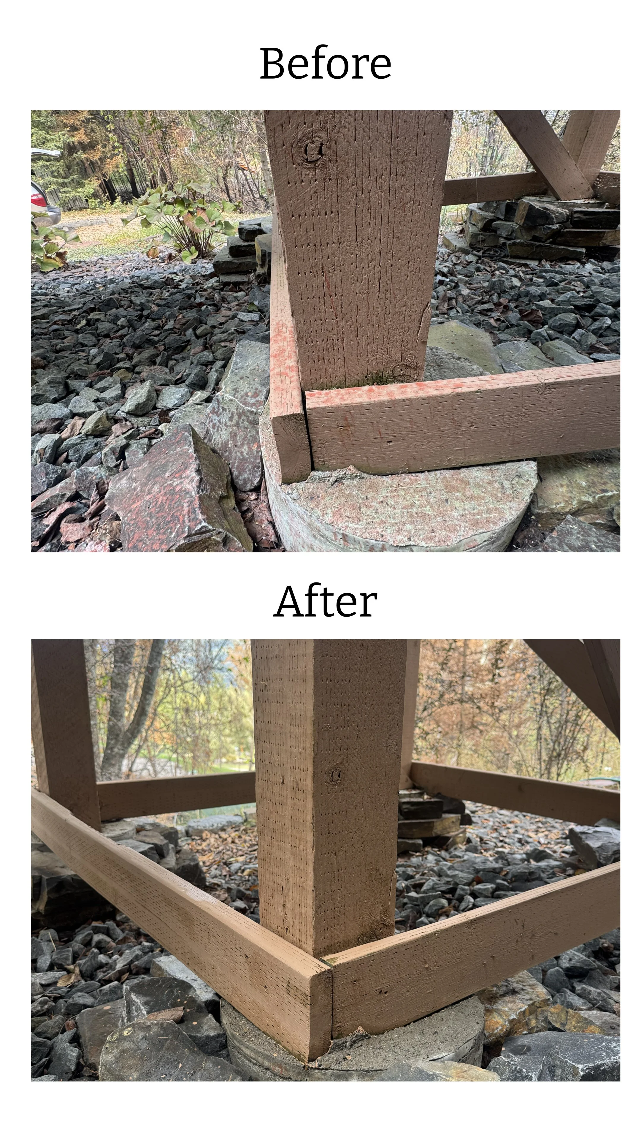 Before and after fire retardant cleaning on a painted wood support post and railing