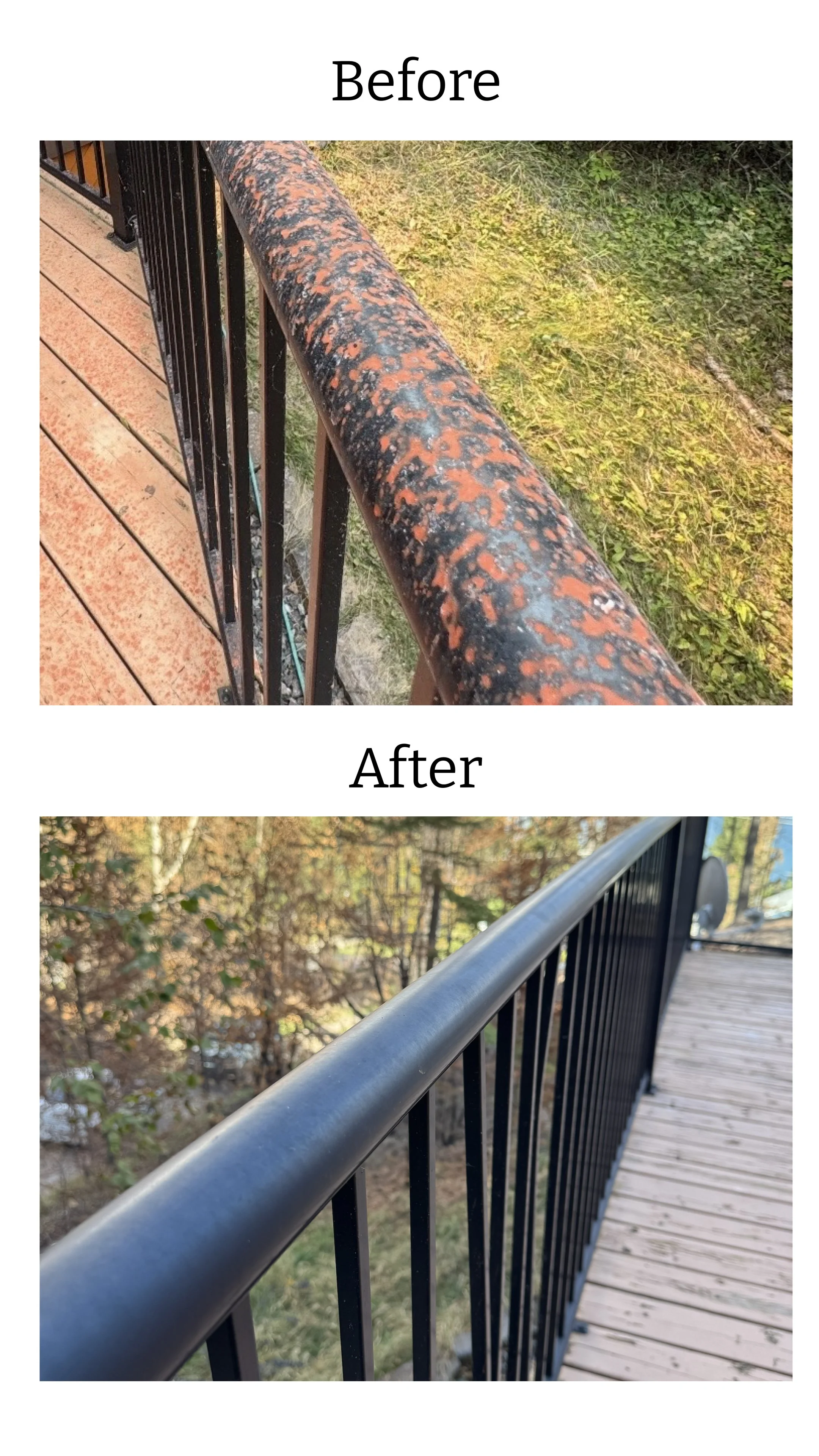 Before and after fire retardant removal from a black deck railing overlooking the Columbia Valley