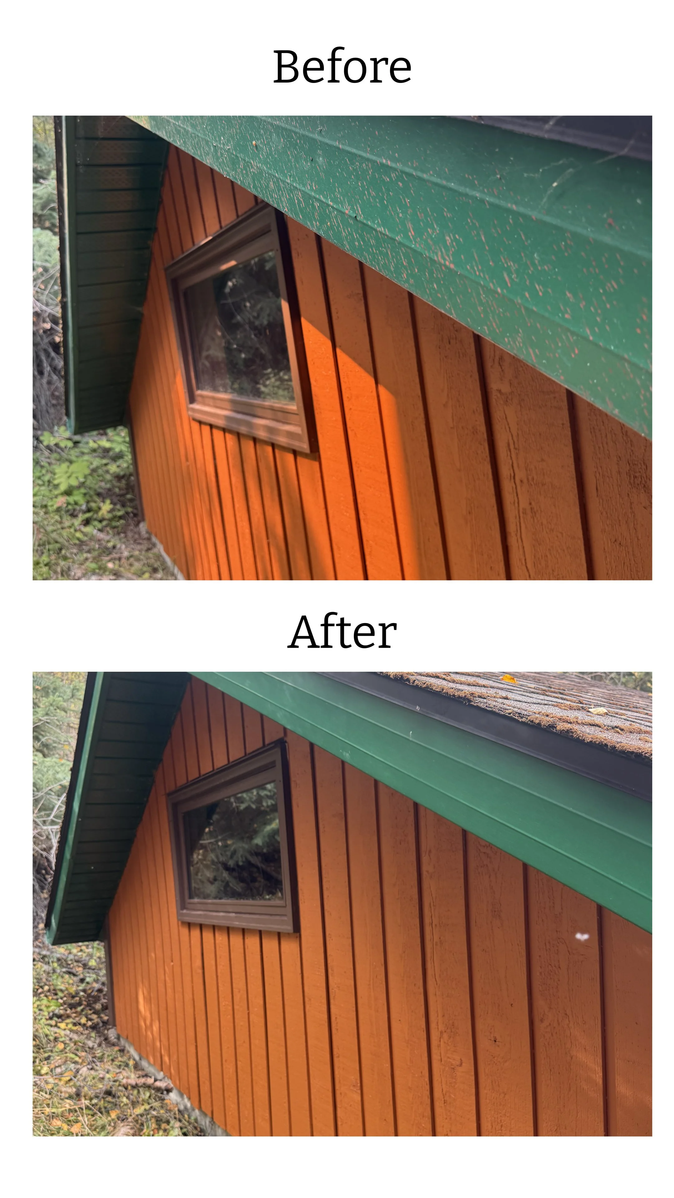 Before and after wildfire retardant removal from orange painted wood siding and green fascia