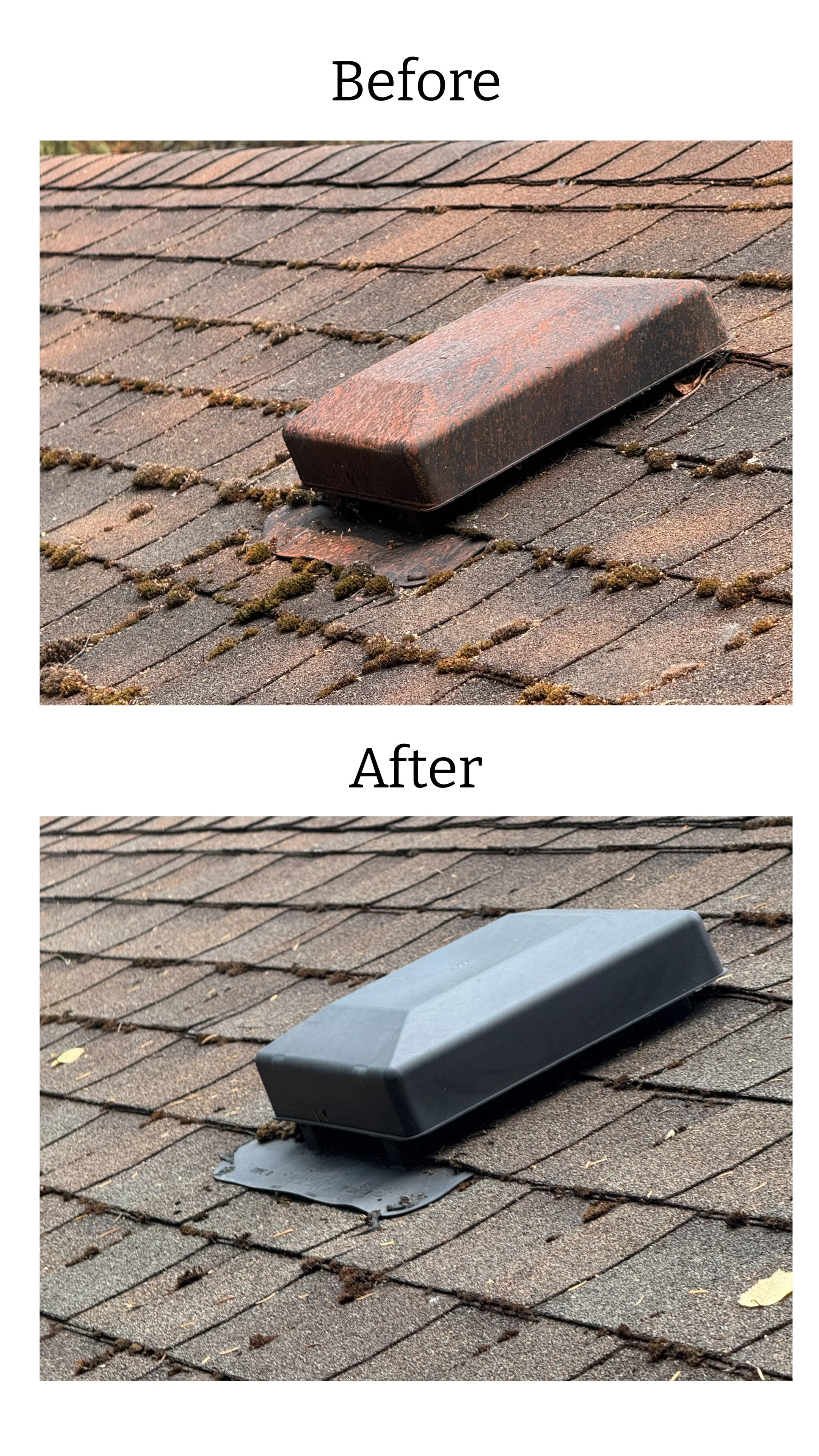 Before and after removal of red wildfire retardant from a roof vent and asphalt shingles