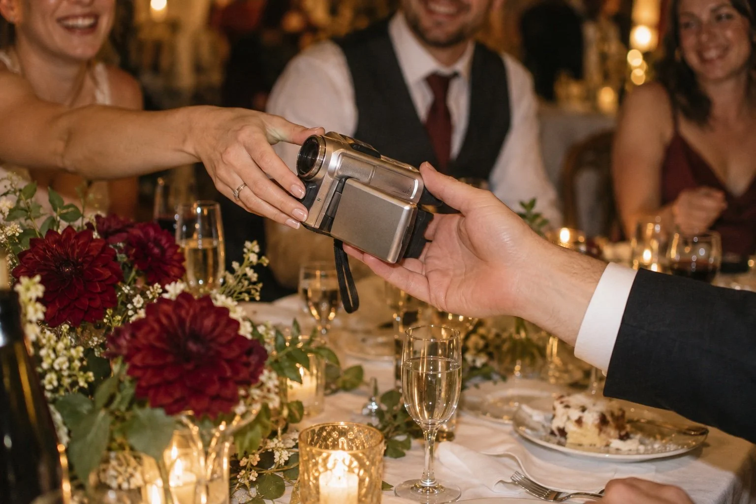 Illustrative scene of wedding guests passing a retro camcorder around a reception table