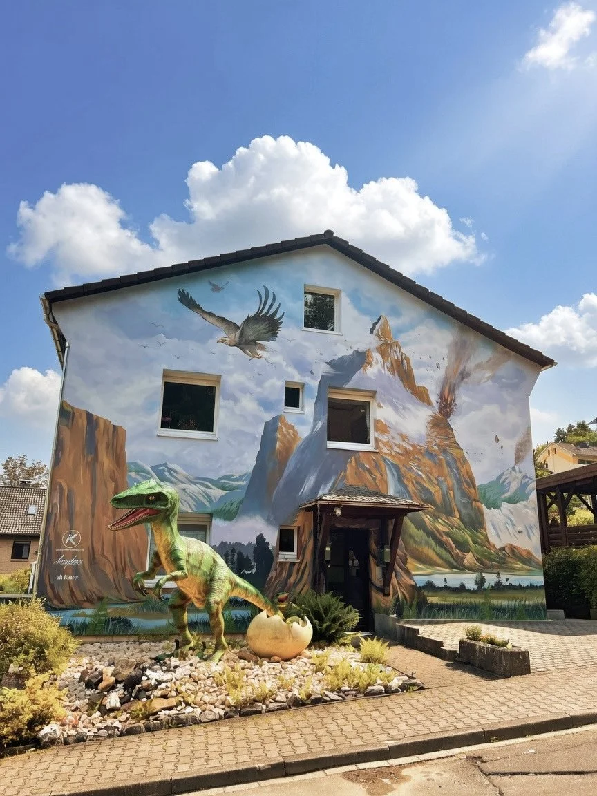 Großflächige Dinosaurier Fassadenmalerei