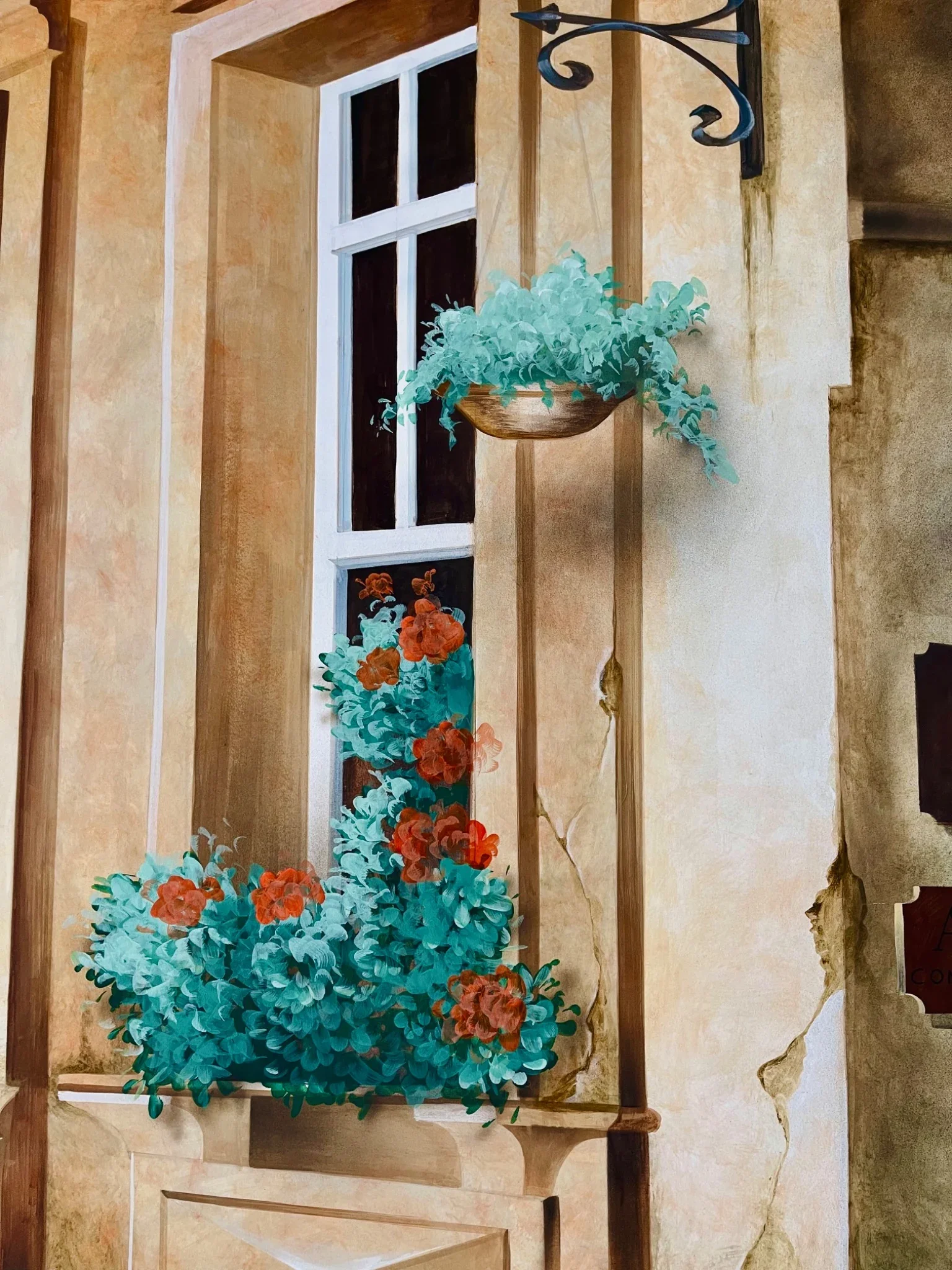 Detail der Illusionsmalerei mit gemaltem Fenster, Blumen und rustikalem Mauerwerk