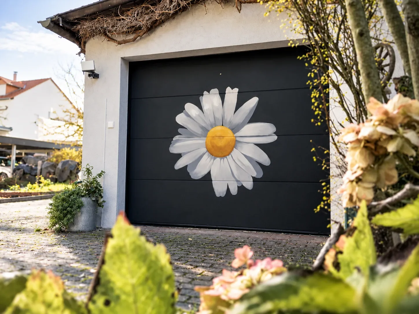 Handgemaltes Gänseblümchen auf einem anthrazitfarbenen Garagentor