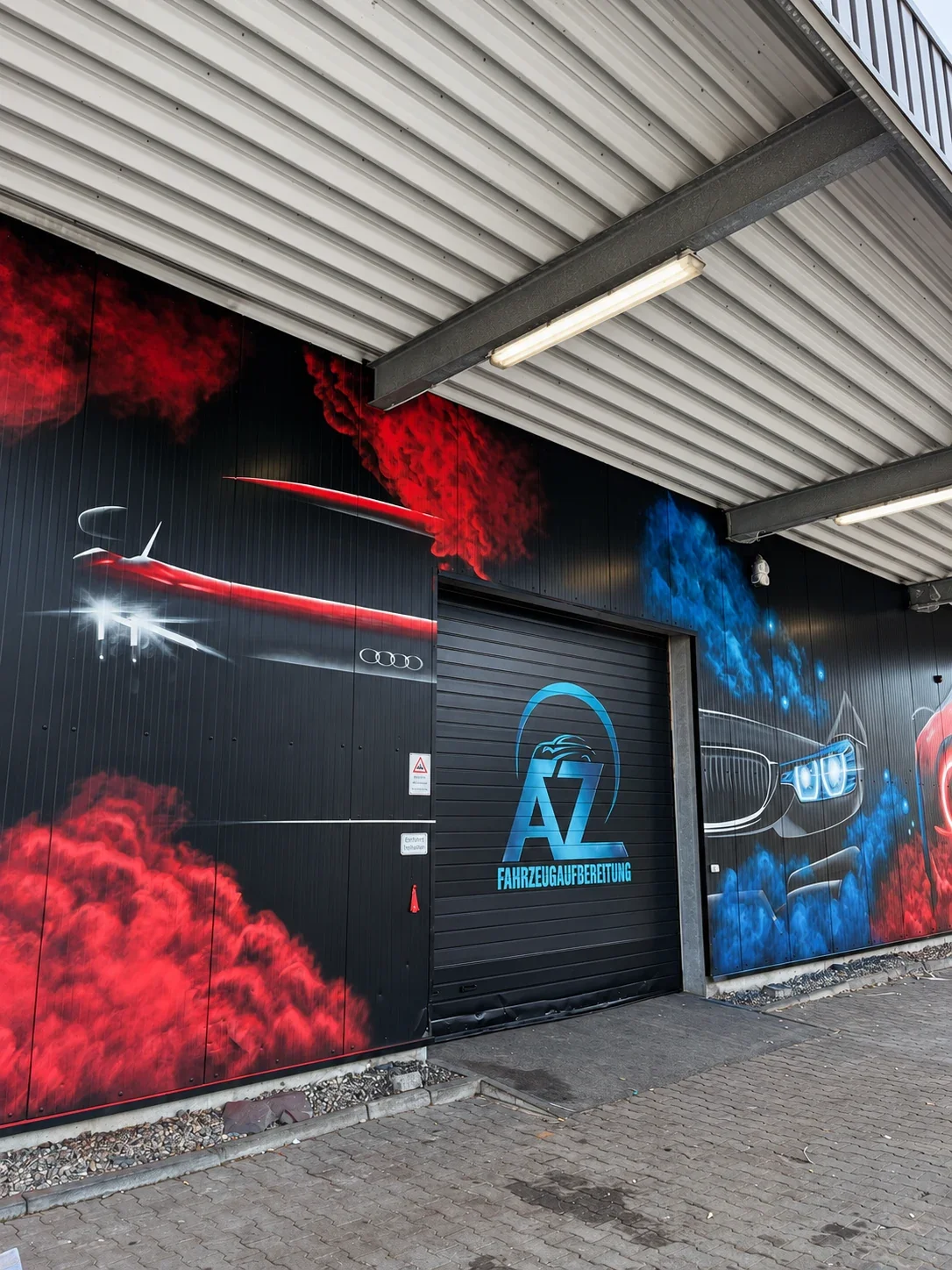 Seitliche Ansicht der Blechfassade einer Autowerkstatt in Erlensee mit Fahrzeugmotiven und Werkstattlogo
