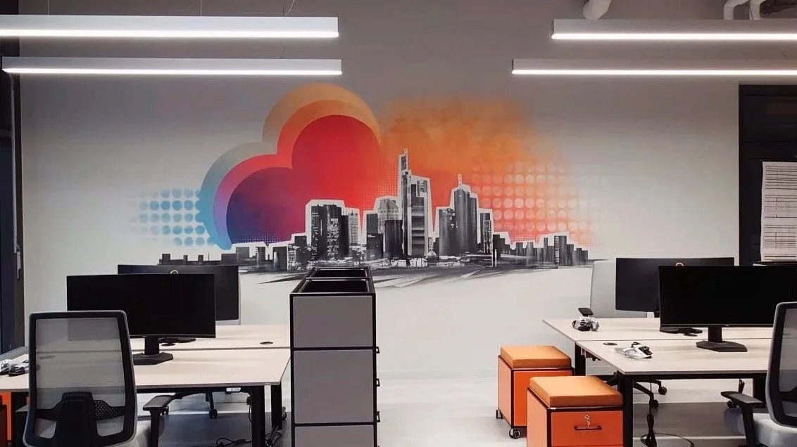 Empfangsbereich von Sportradar als Beispiel für visuelle Unternehmensidentität im Büro