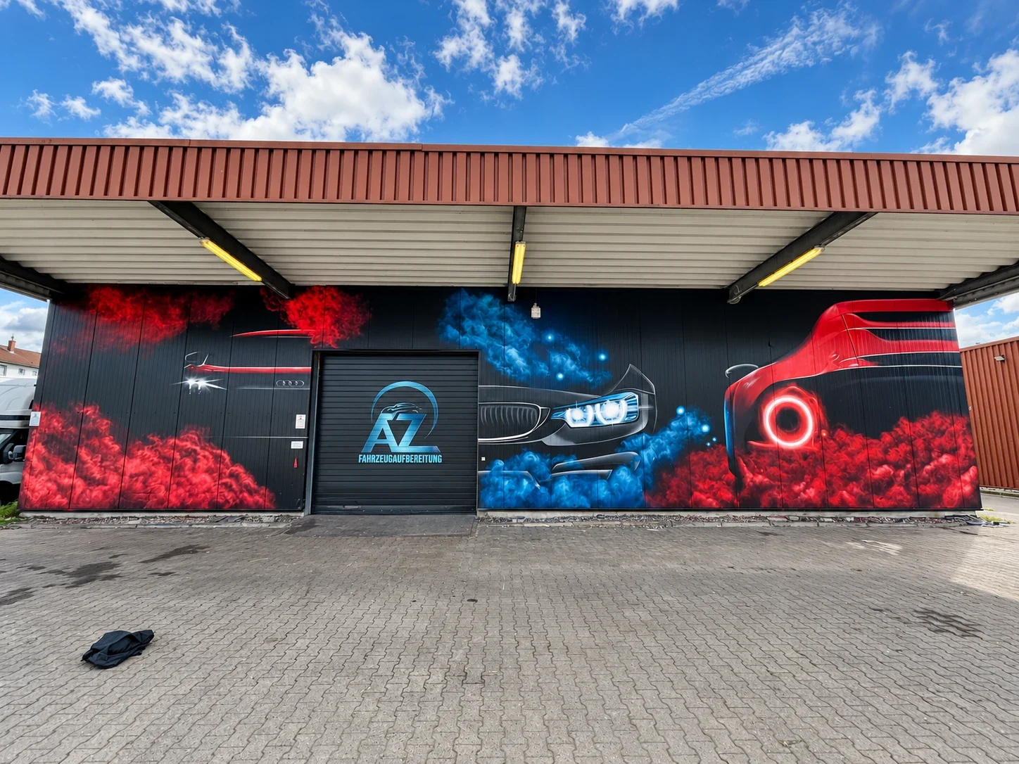 Fassadengestaltung einer Autowerkstatt in Erlensee mit Fahrzeugmotiven in Rot und Blau, Spraydose auf Blech