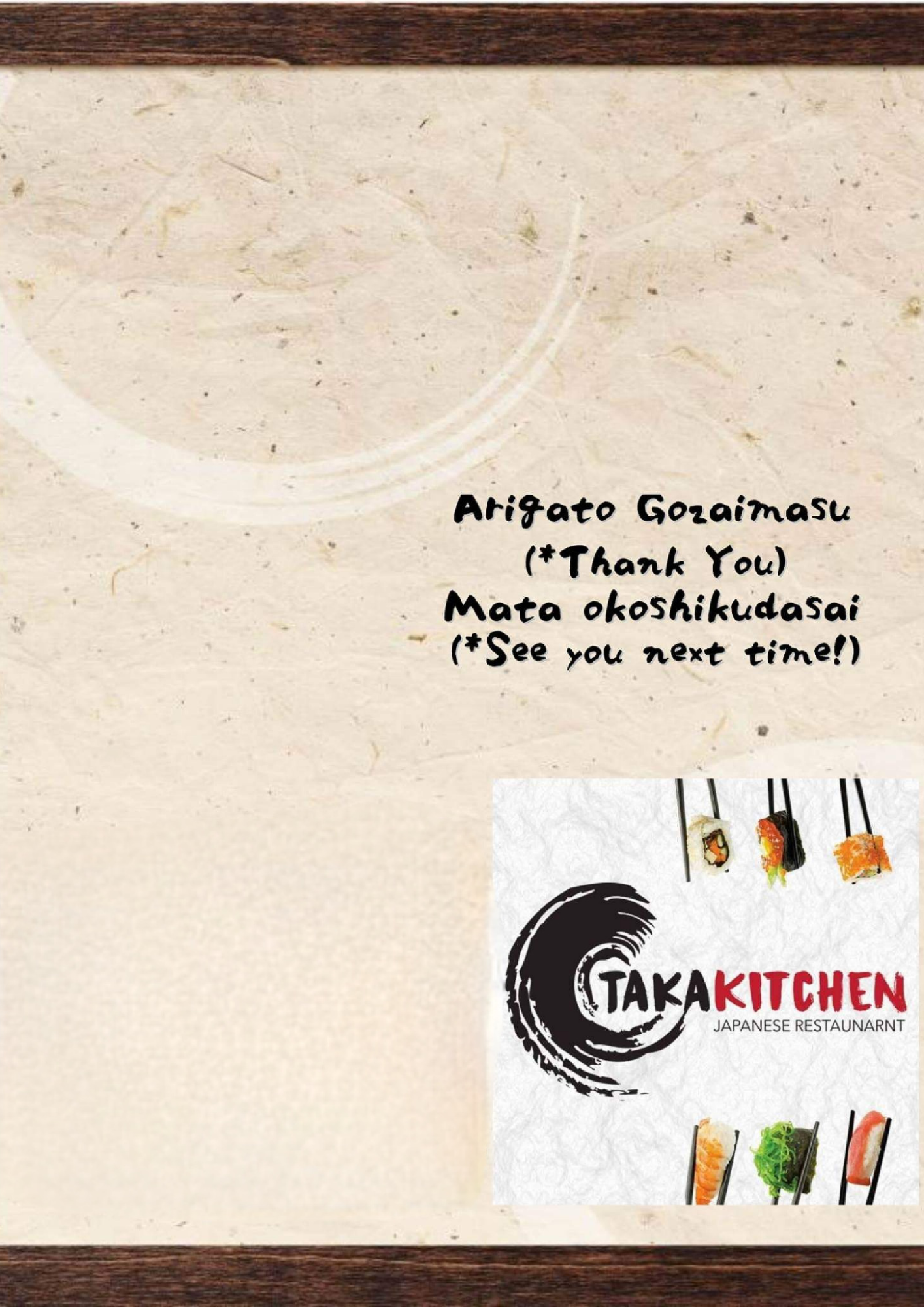 Taka Kitchen menu — Thank You