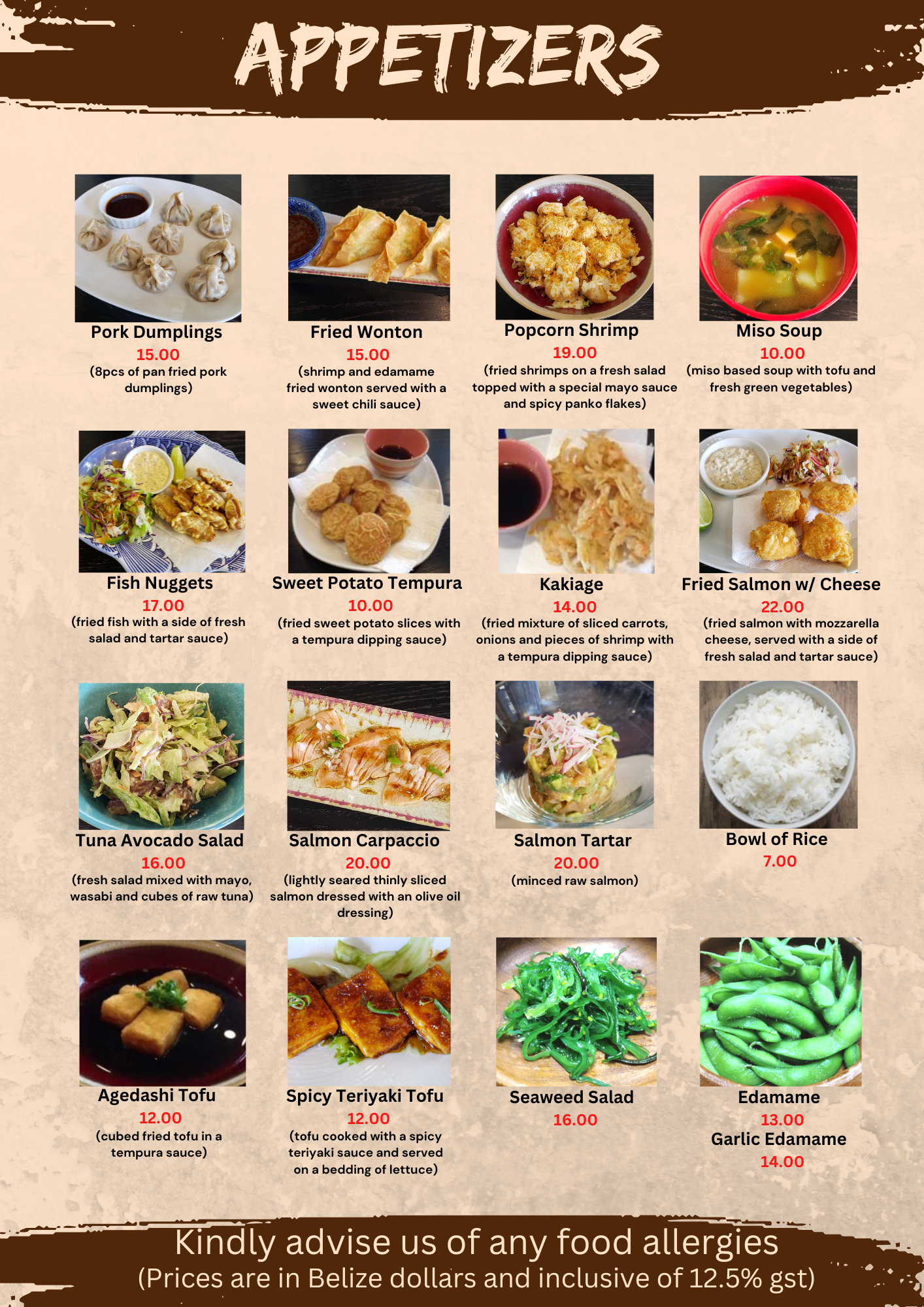 Taka Kitchen menu — Appetizers