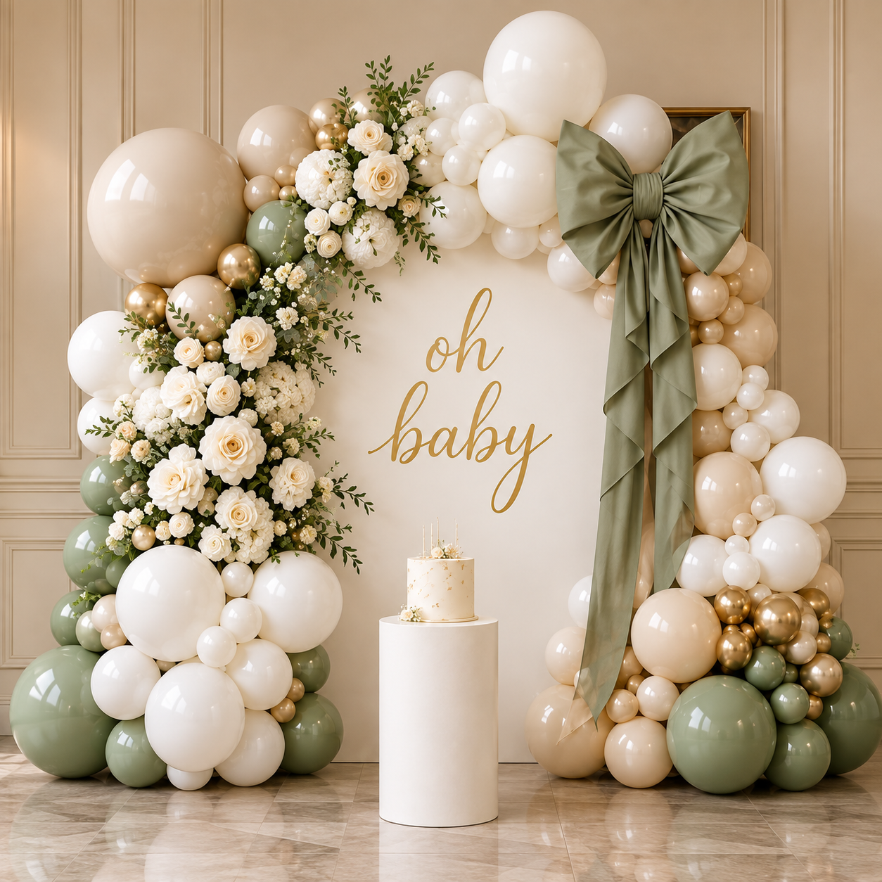Ivory and sage baby shower installation