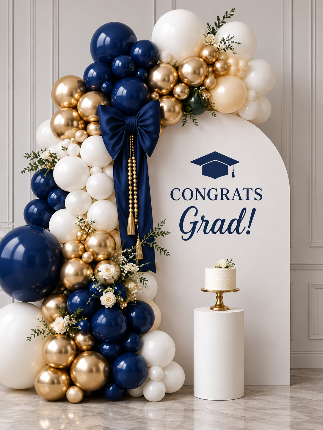 Navy and gold graduation installation