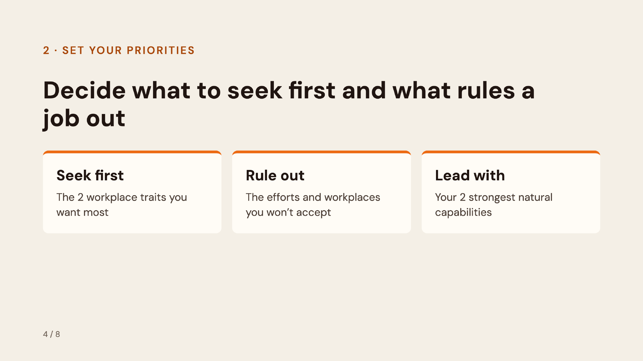 Career fair checklist: identify the two workplace traits you want, what you will rule out, and your two strongest natural capabilities.