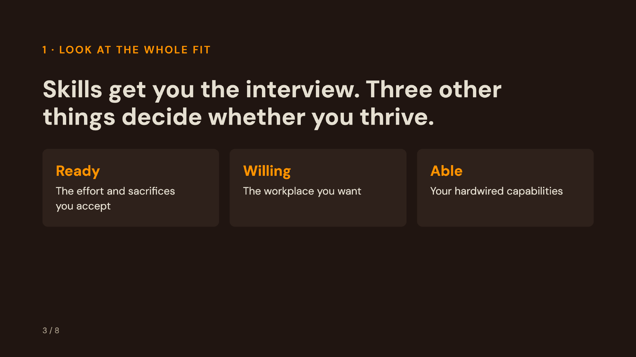 The Ready, Willing and Able career fit framework: acceptable sacrifices, preferred workplace, and natural capabilities.