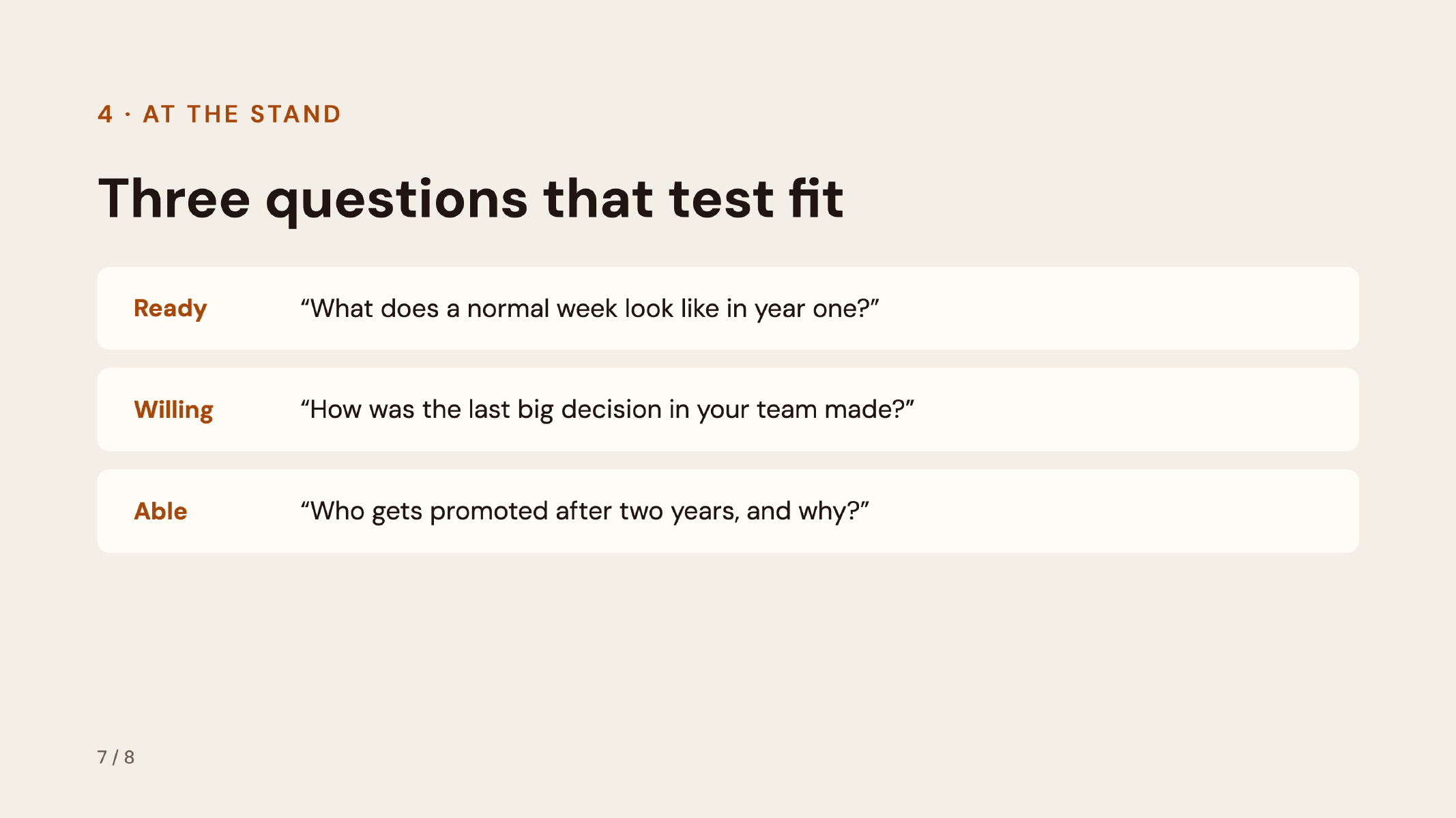 Three questions to ask career fair recruiters about a normal first-year workweek, team decision-making and promotion after two years.