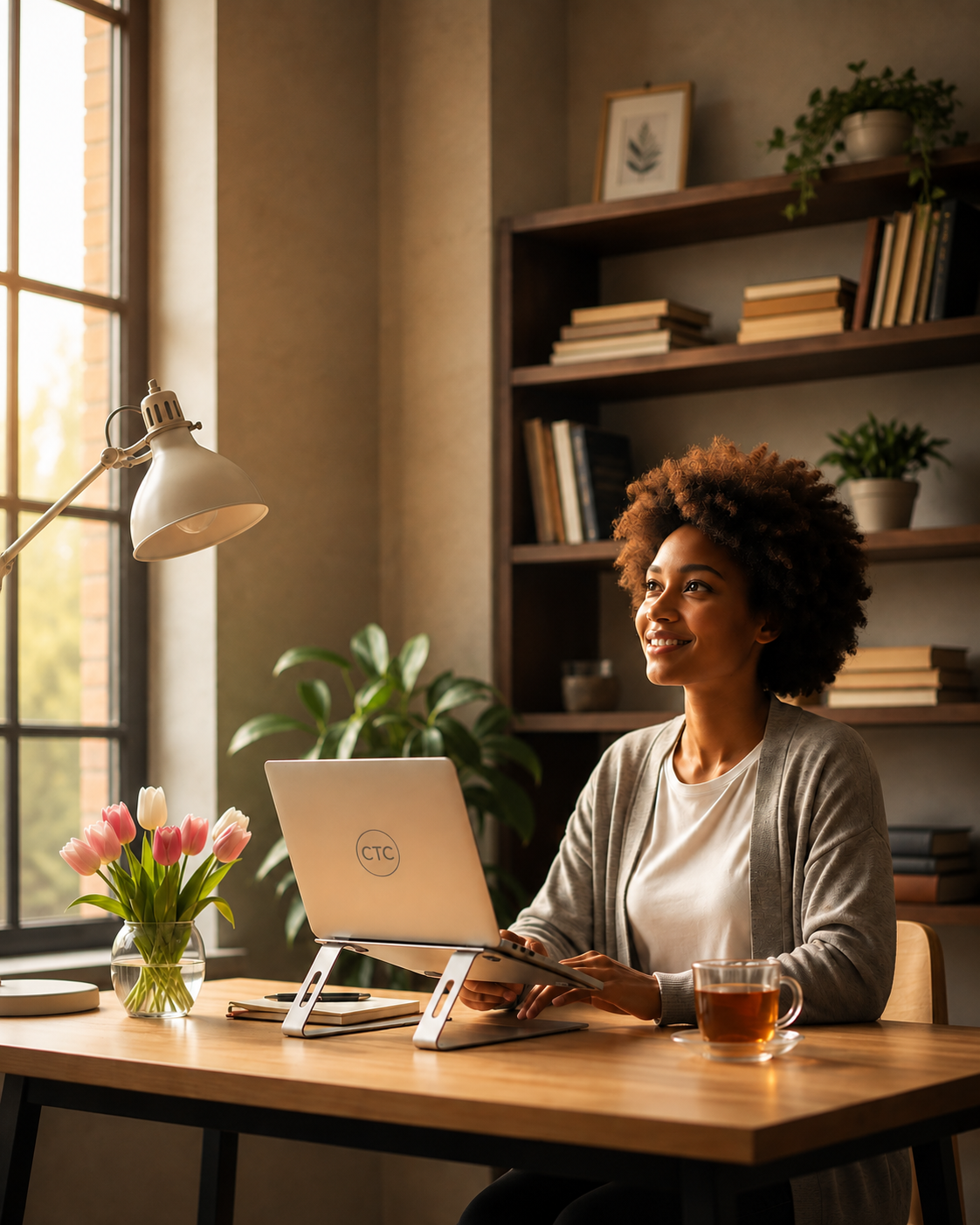Black woman working at a desk with a laptop in a calm home office.