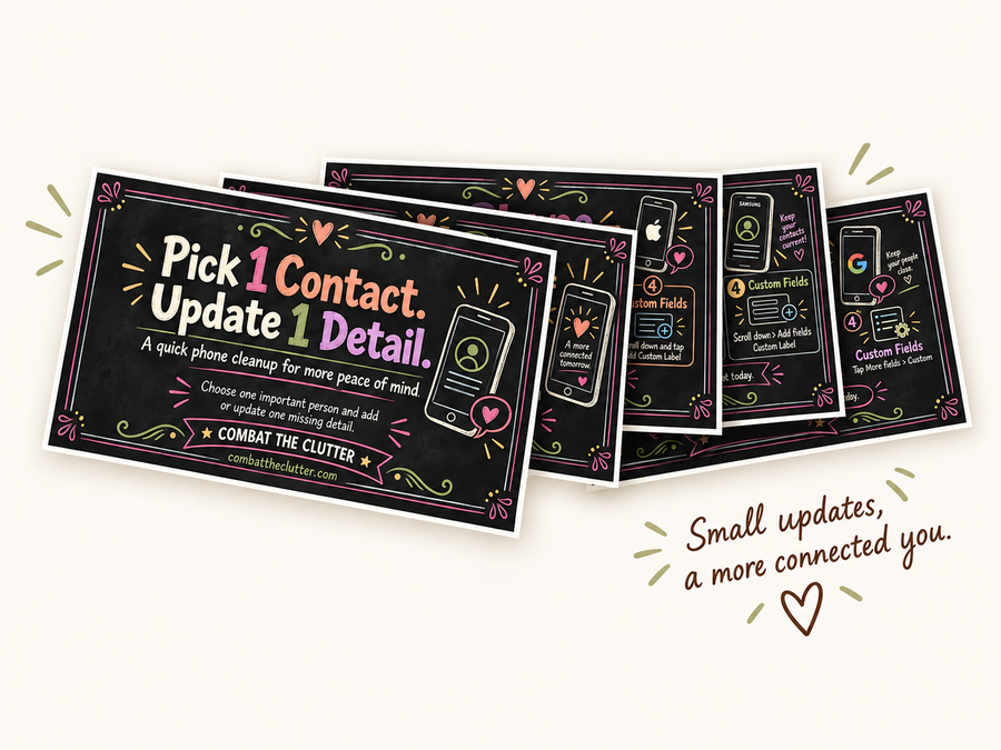 Preview of the Combat the Clutter Pick 1 Contact, Update 1 Detail phone organization guide.