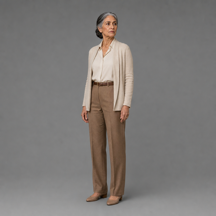 Anise Baca's character reference: a Mexican-American woman in her sixties, silver-white hair in a low chignon, cream cardigan and blouse, camel trousers, standing on a grey studio backdrop.