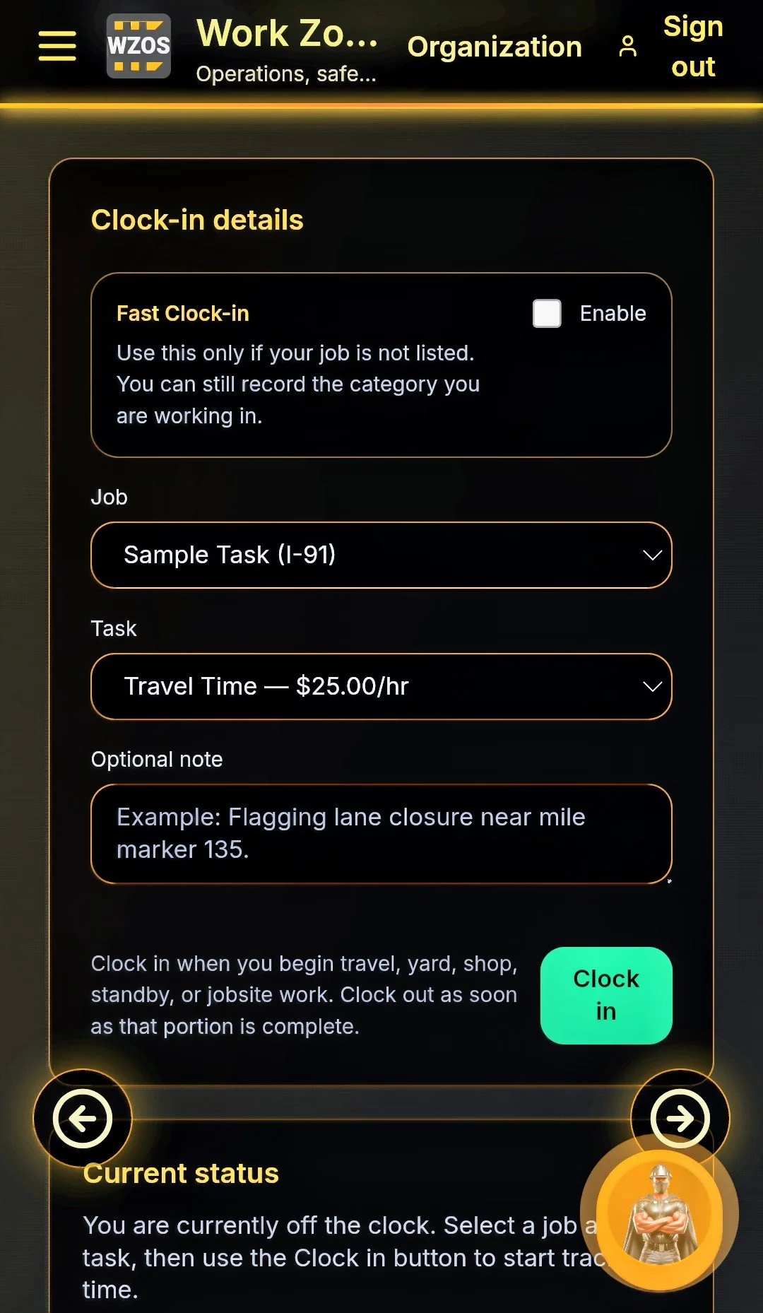 Time Clock details screen